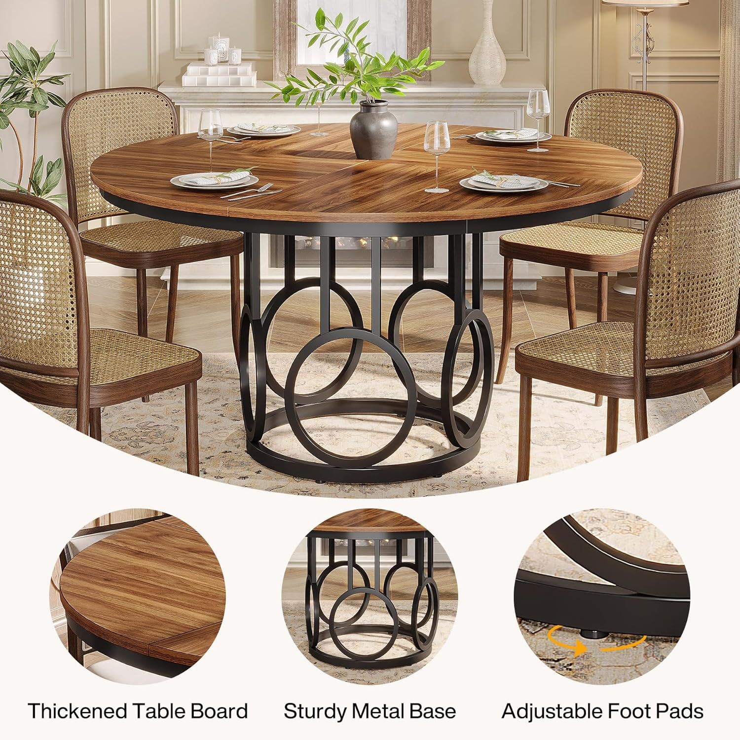 Round Dining Table For Kitchen & Dining Room - Brown / Black