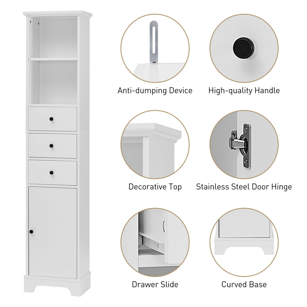 Tall Storage Cabinet With 3 Drawers And Adjustable Shelves For Bathroom