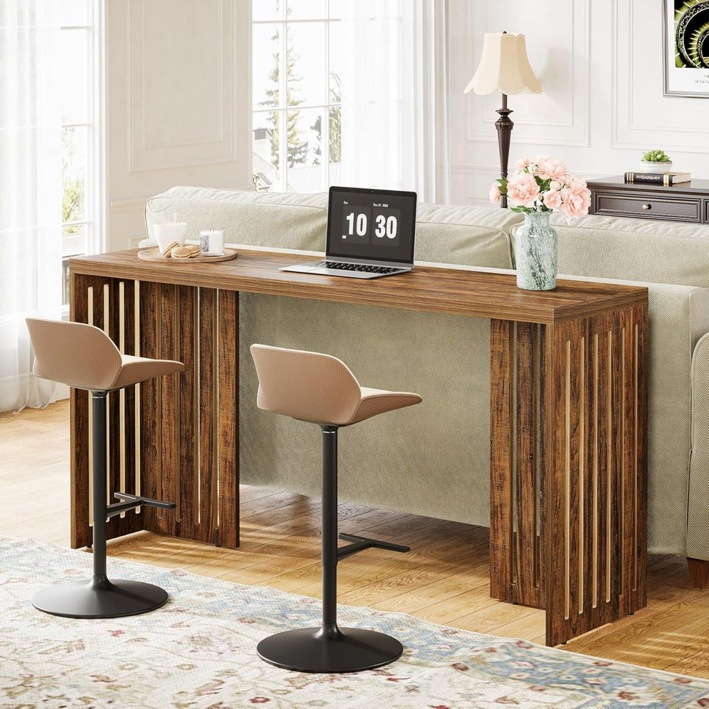 Narrow Counter Height Pub Table With Louvered Base For Kitchen - Rustic Brown