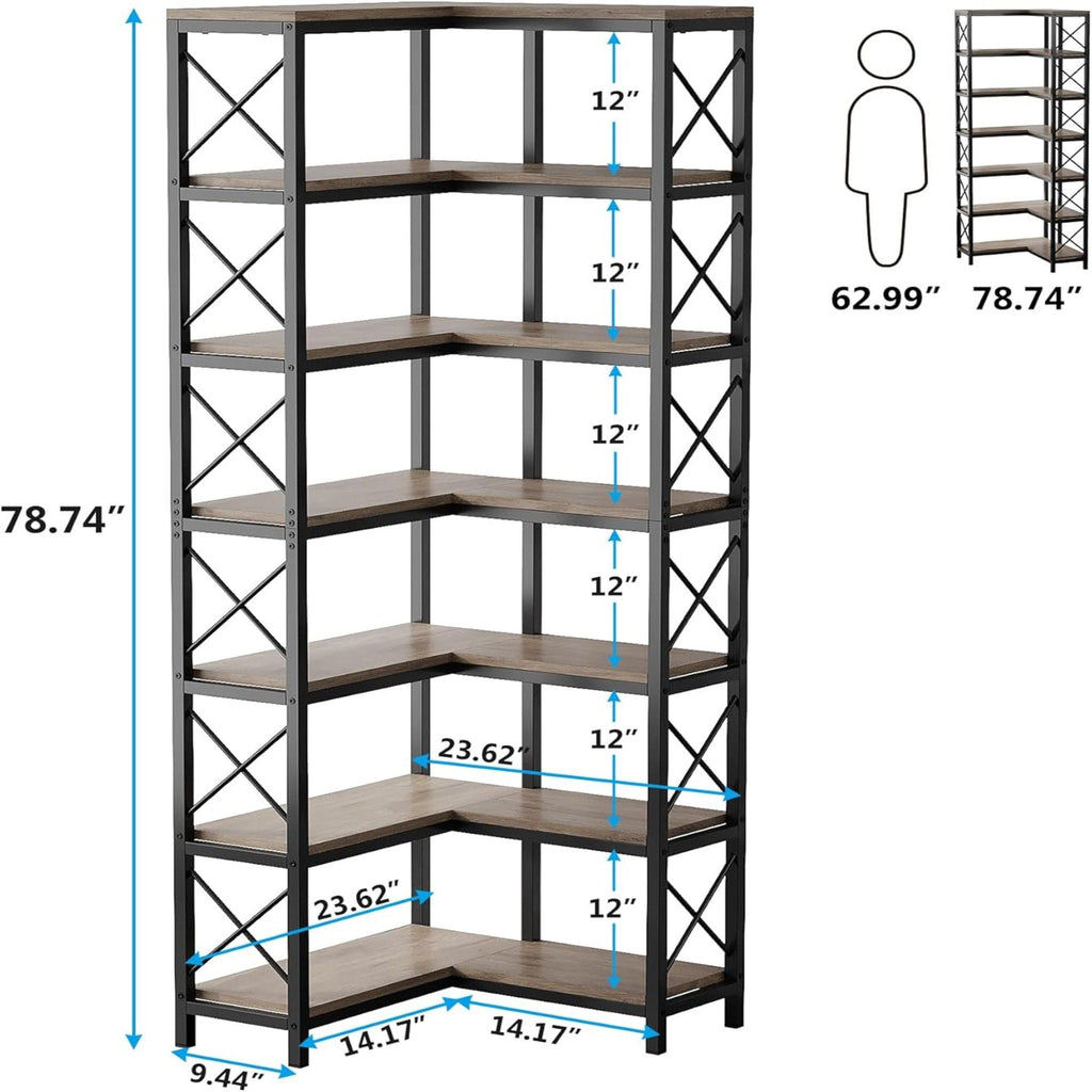 7 Tier Corner Bookshelf, Storage Unit For Living Room