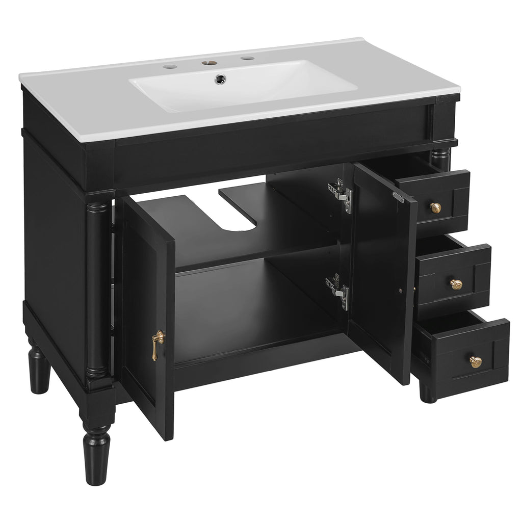 Bathroom Vanity With Ceramic Sink, 2 Doors 3 Drawers, Soft Close Design