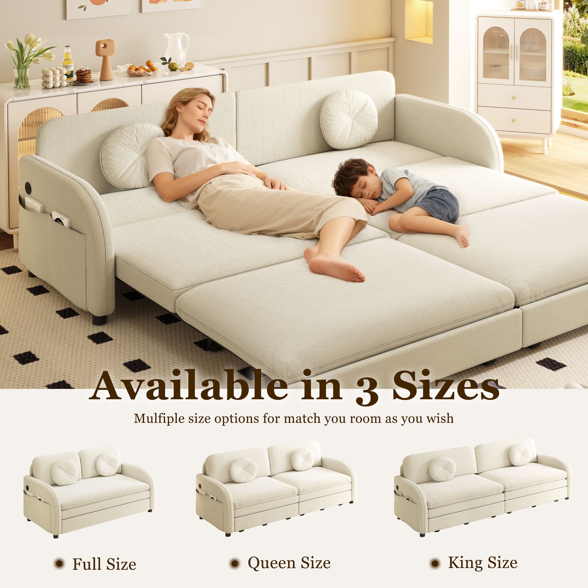 Upholstered Pull Out Couch With Side Pocket & USB Port