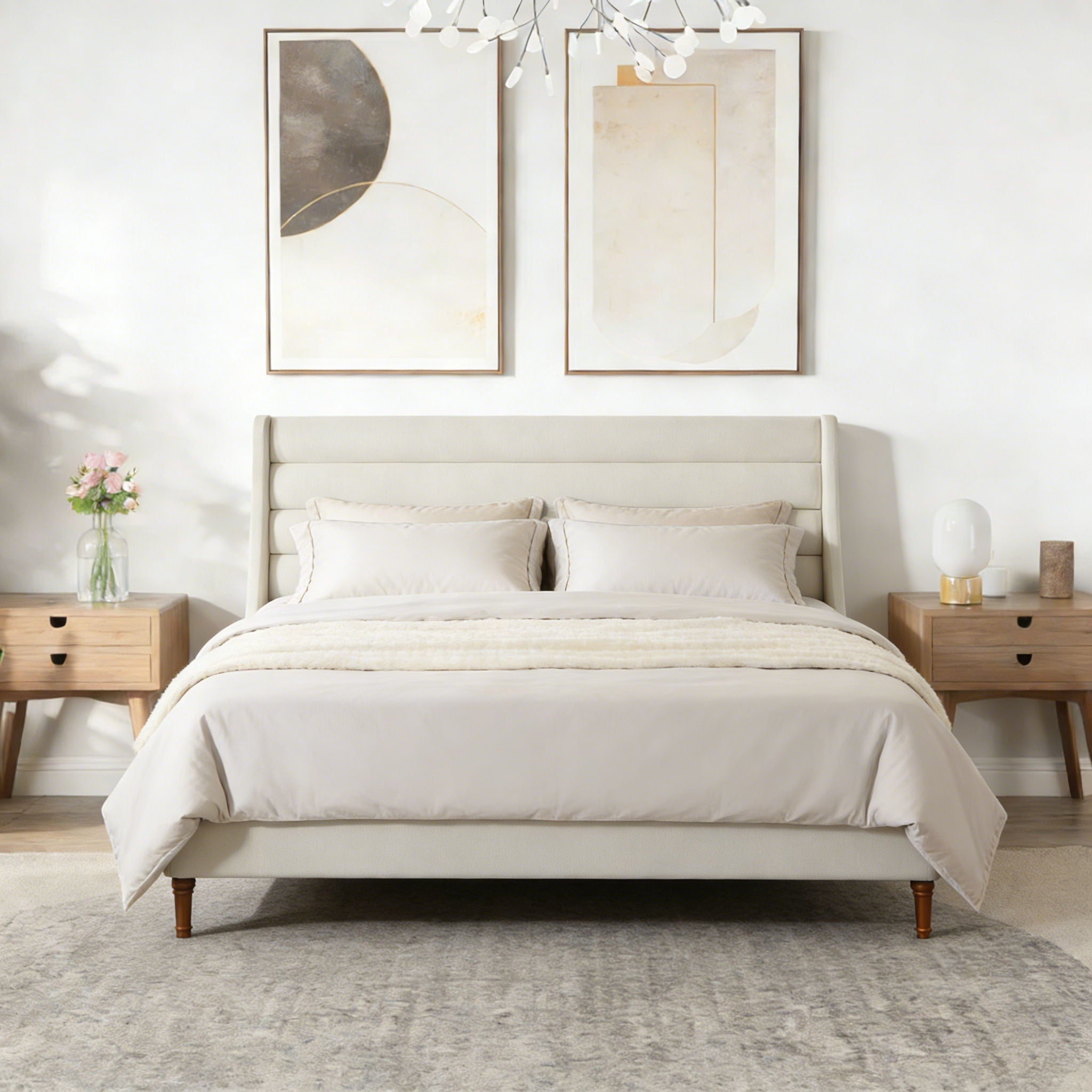 Modern Upholstered Platform Bed With Wave Shaped Headboard