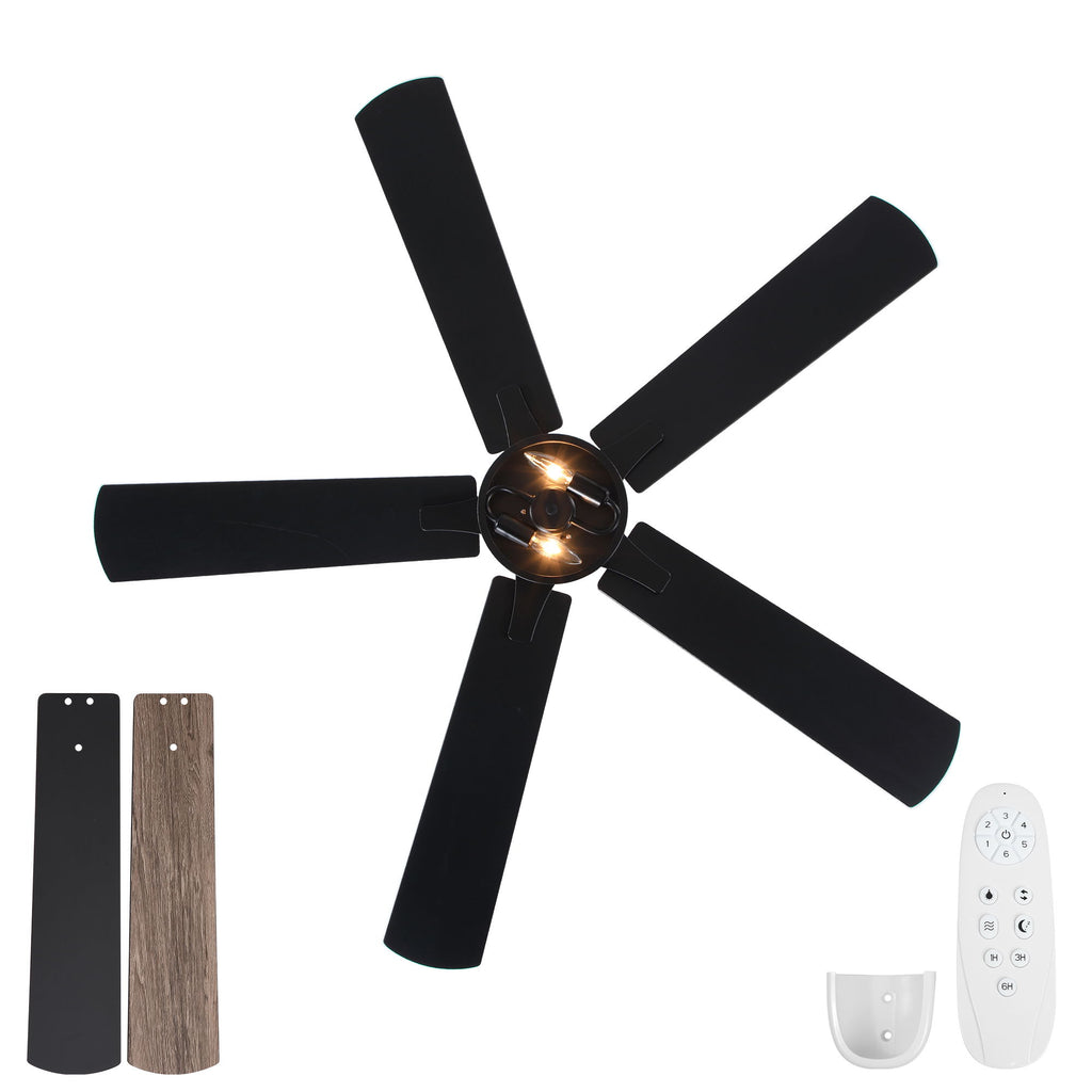 Ceiling Fan With Light, Dual‑Sided Matte Black & Wood Grain Blades - Black