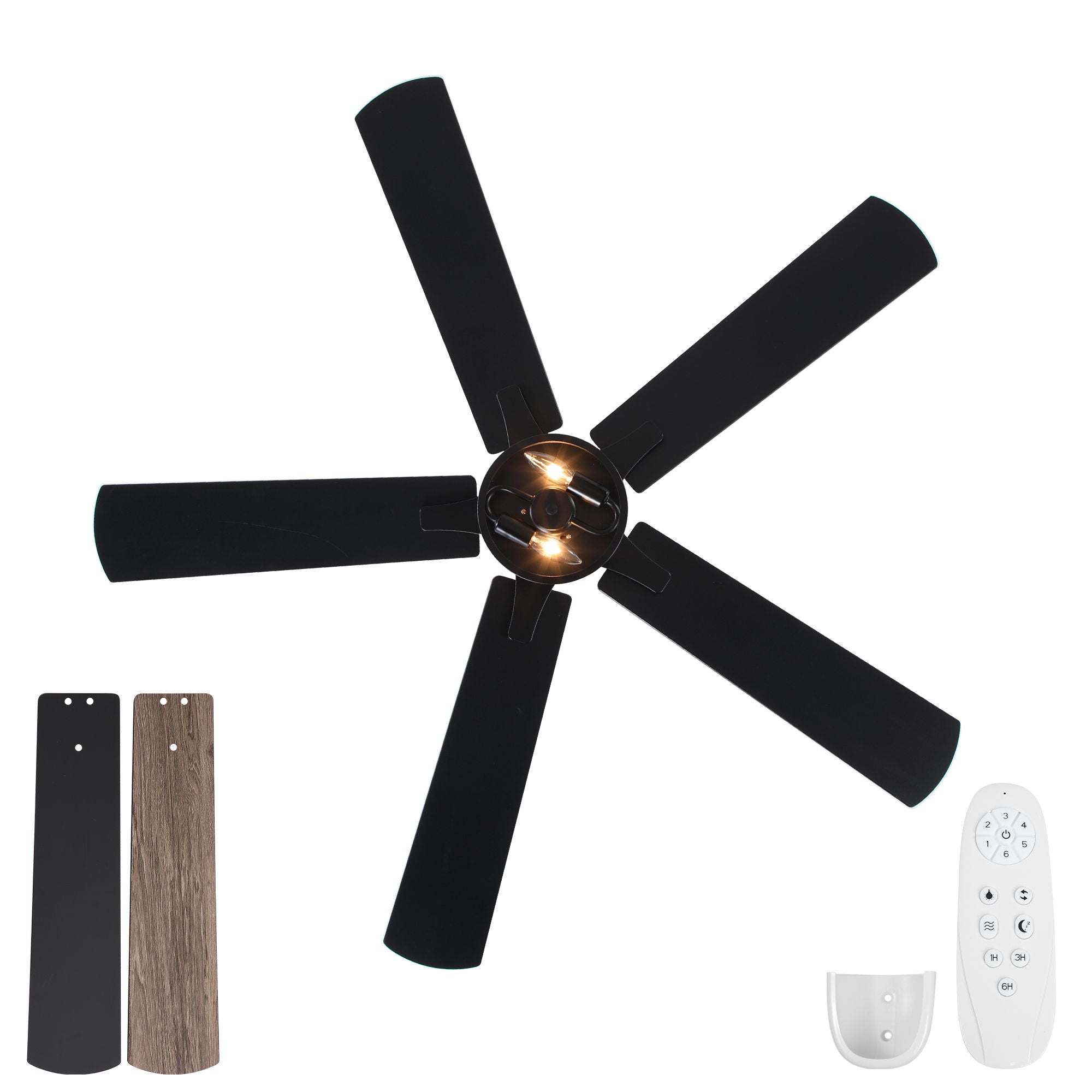Ceiling Fan With Light, Dual‑Sided Matte Black & Wood Grain Blades - Black