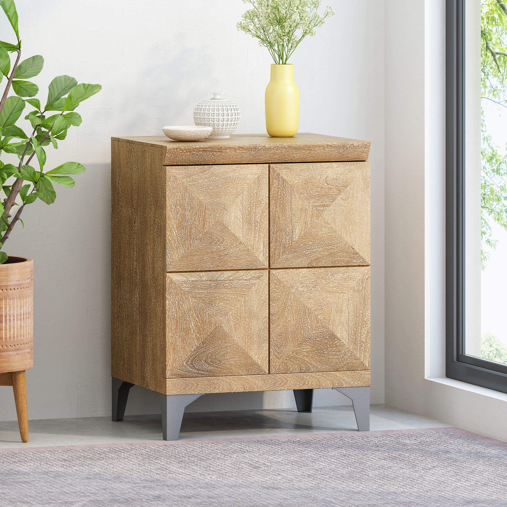Boho Handcrafted Mango Wood Storage Cabinet With Iron Legs - Sandblasted Oak