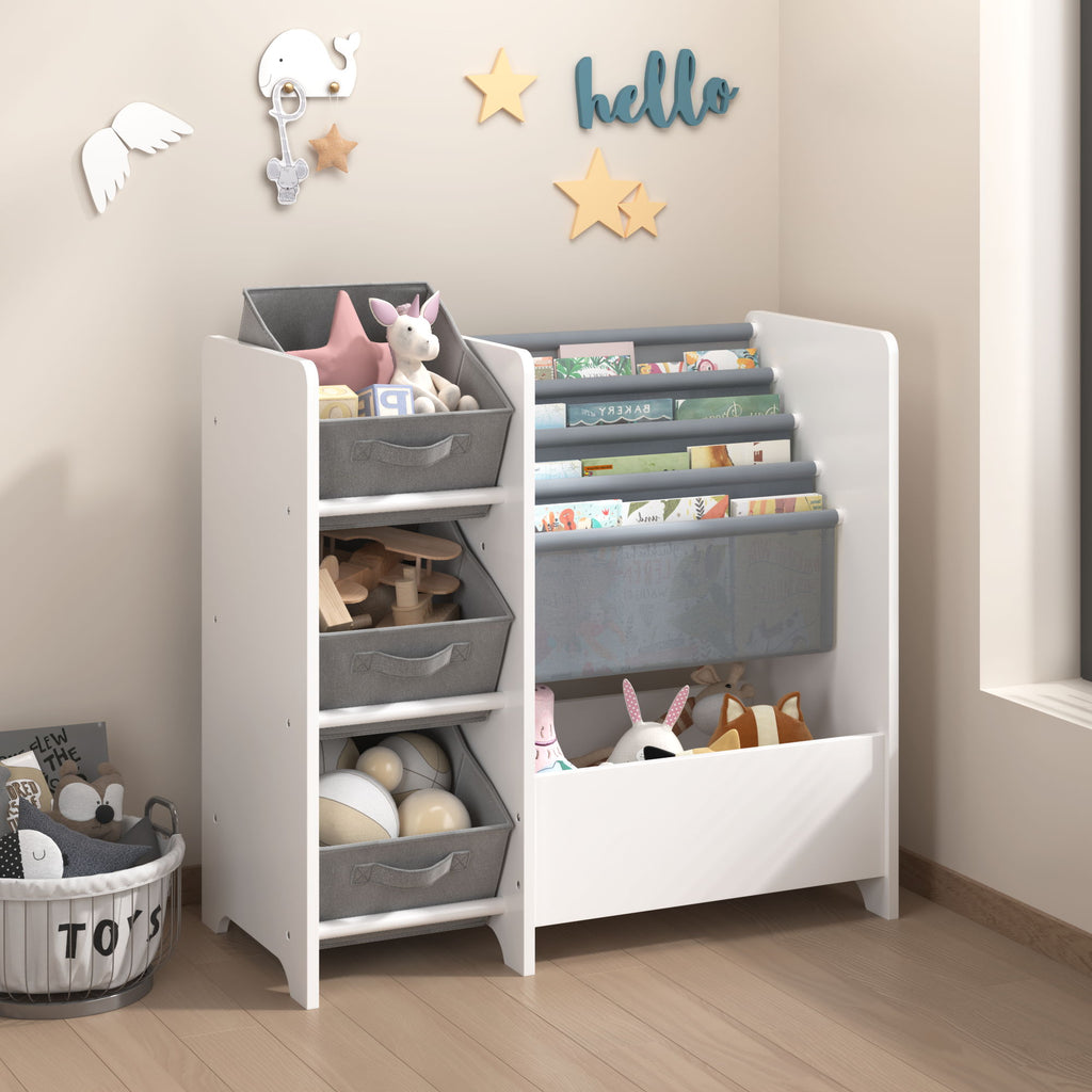 Bookshelf And Toy Storage Organizer, Multifunctional 4 Tier With 3 Collapsible Drawers - White