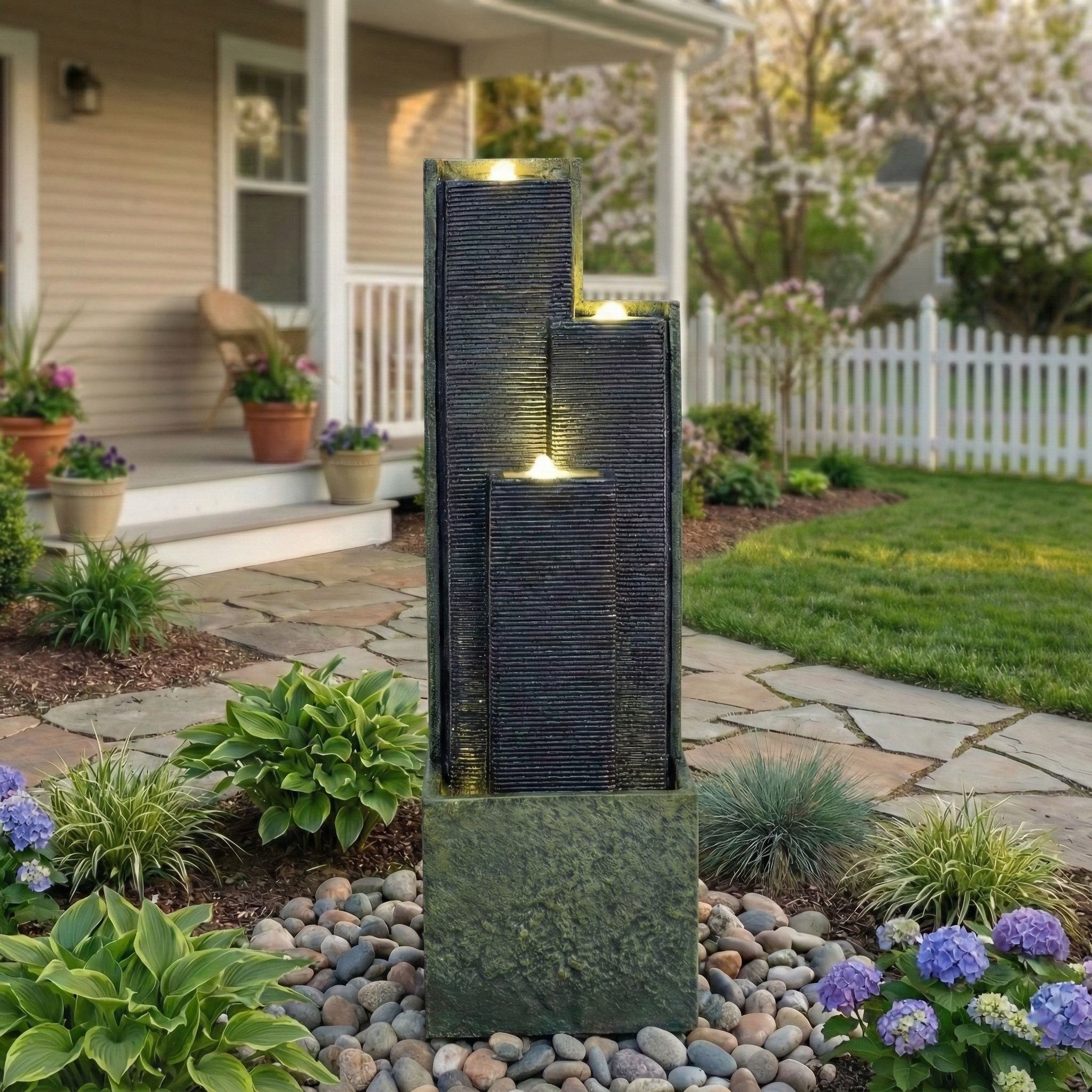 3 Tier Waterfall Fountain With LED Lights - Gray