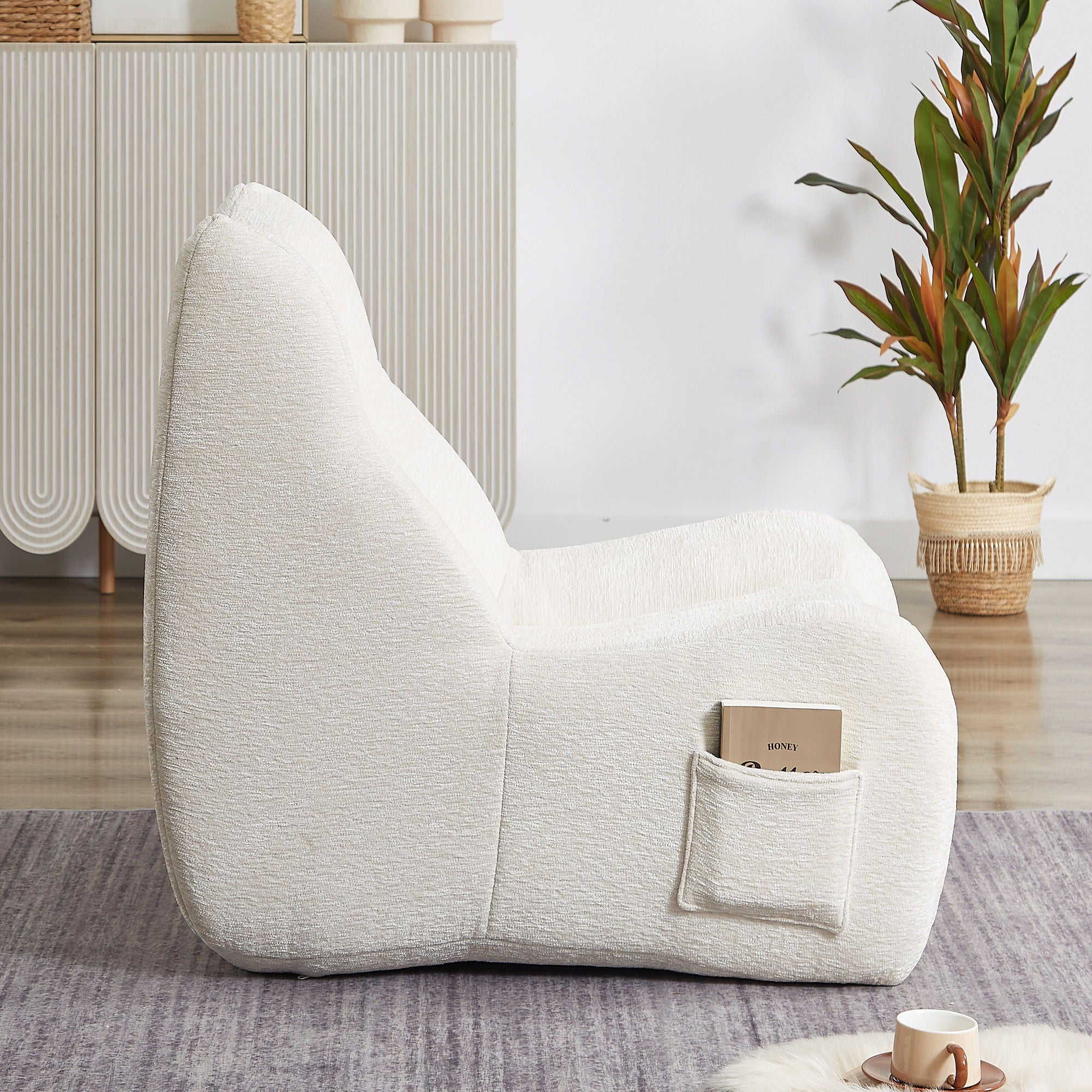 Bean Bag Chair For Adults, Lazy Floor Sofa Couch Memory Foam Bean Bag Sofas Chenille Fabric Reading Chair Comfortable Corner Lounge Sofa For Living Room - White