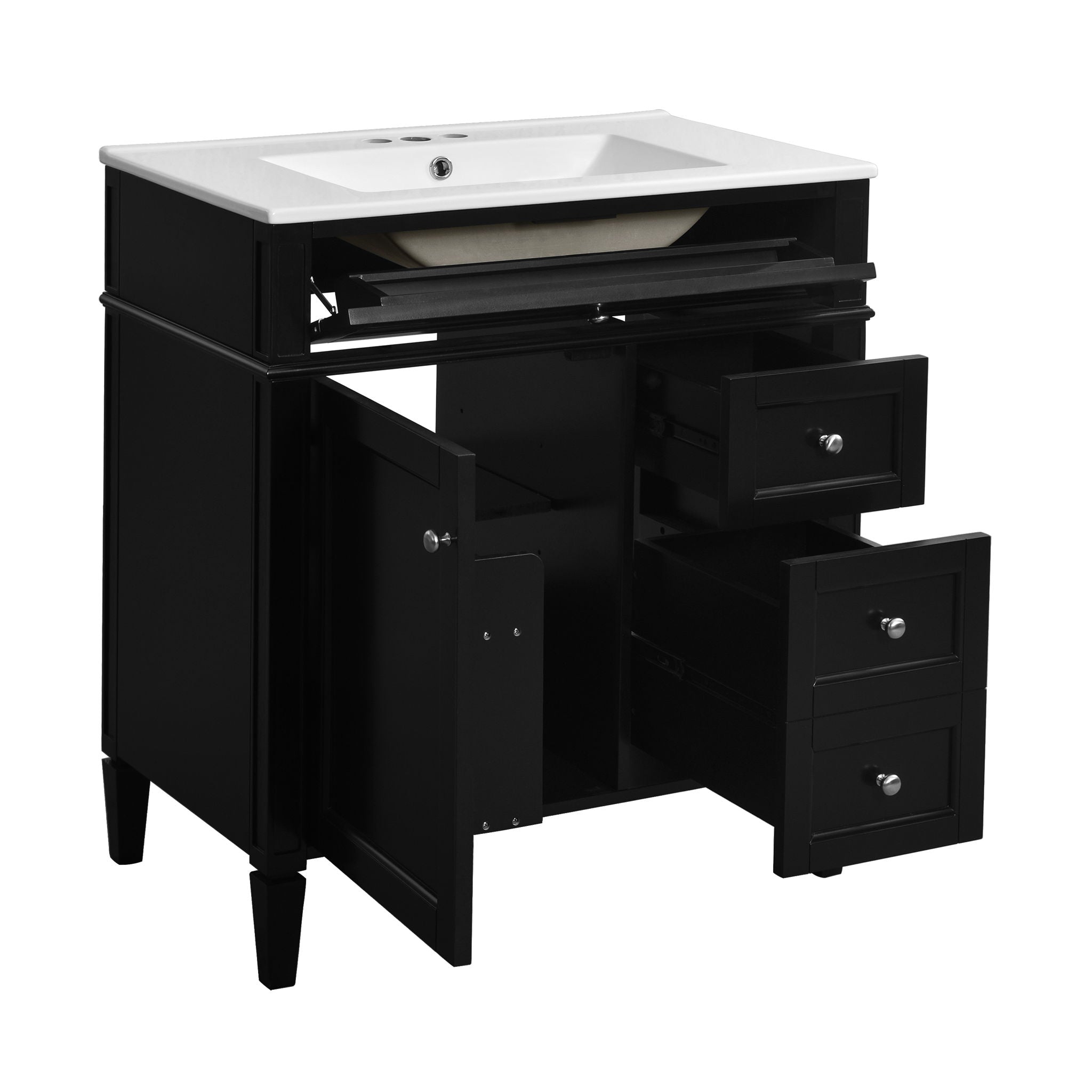 Bathroom Vanity With Top Sink, 2 Doors And 3 Drawers, Freestanding Set With Mirror Cabinet