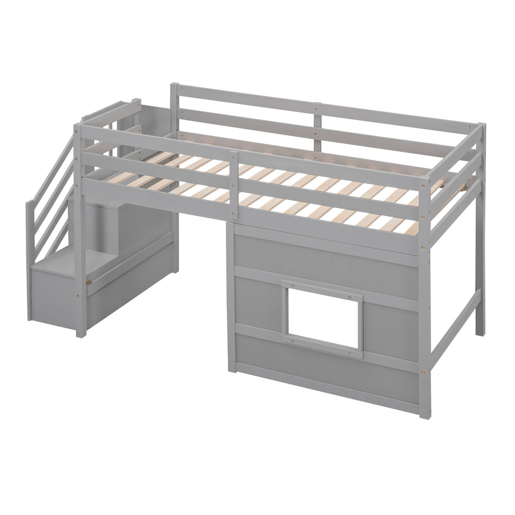 Loft Bed With Storage Staircase, Window & LED Light