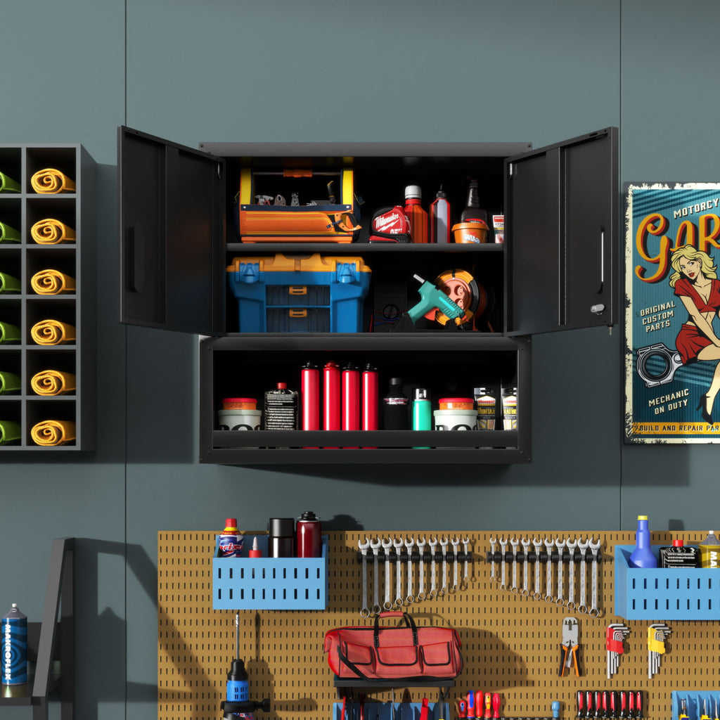 Wall-Mounted Storage Cabinet With Locking Door, 1 Shelf And Open Drawer - Black