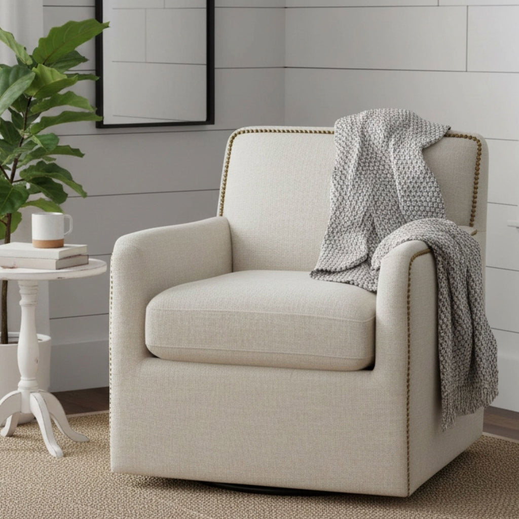 Tolland - Swivel Accent Chair With Antique Brass Nailhead Trim - Beige