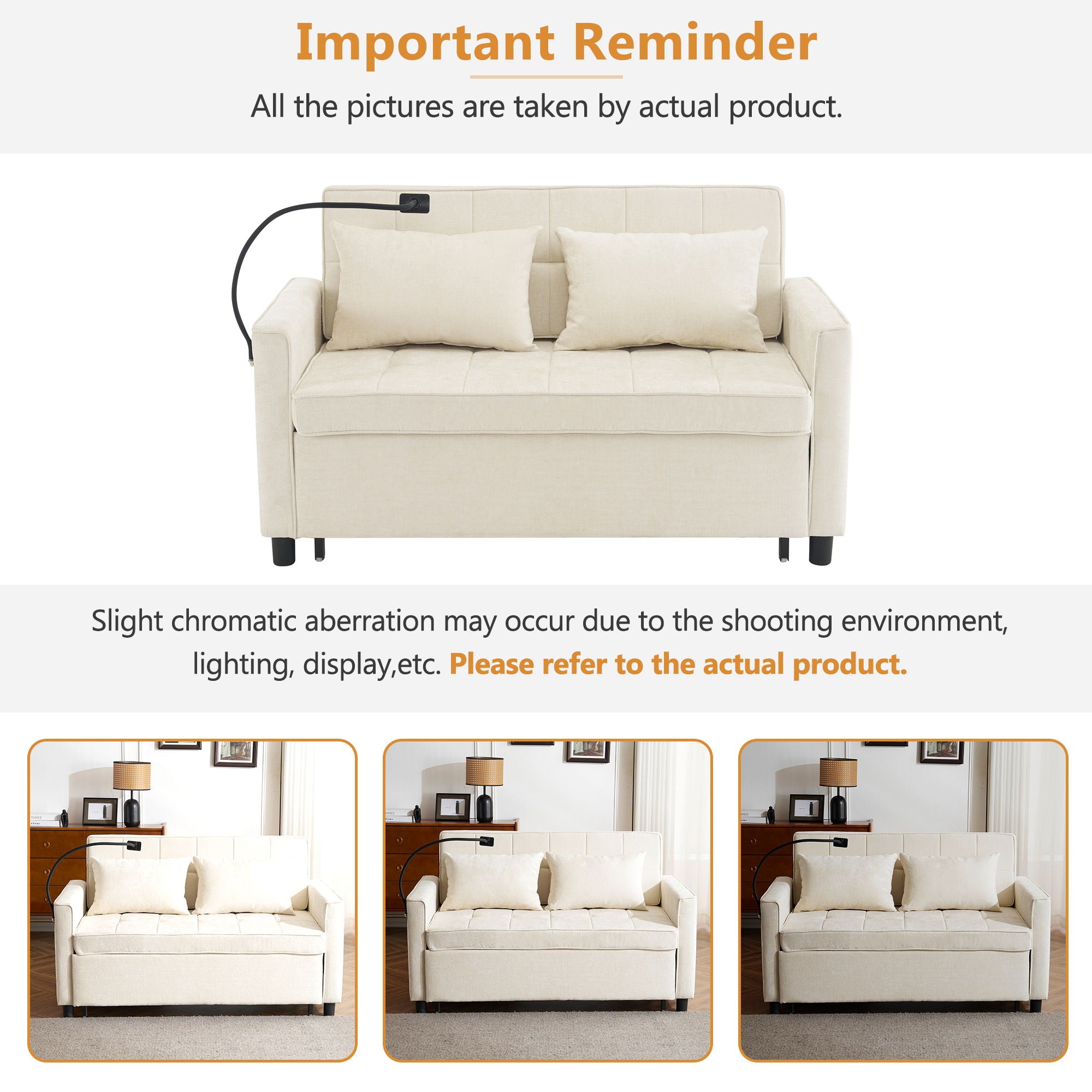 Pull-Out Sleeper Sofa With Reversible Backrest Cushion, Side Pockets, 2 USB Ports And A Phone Holder For Living Room