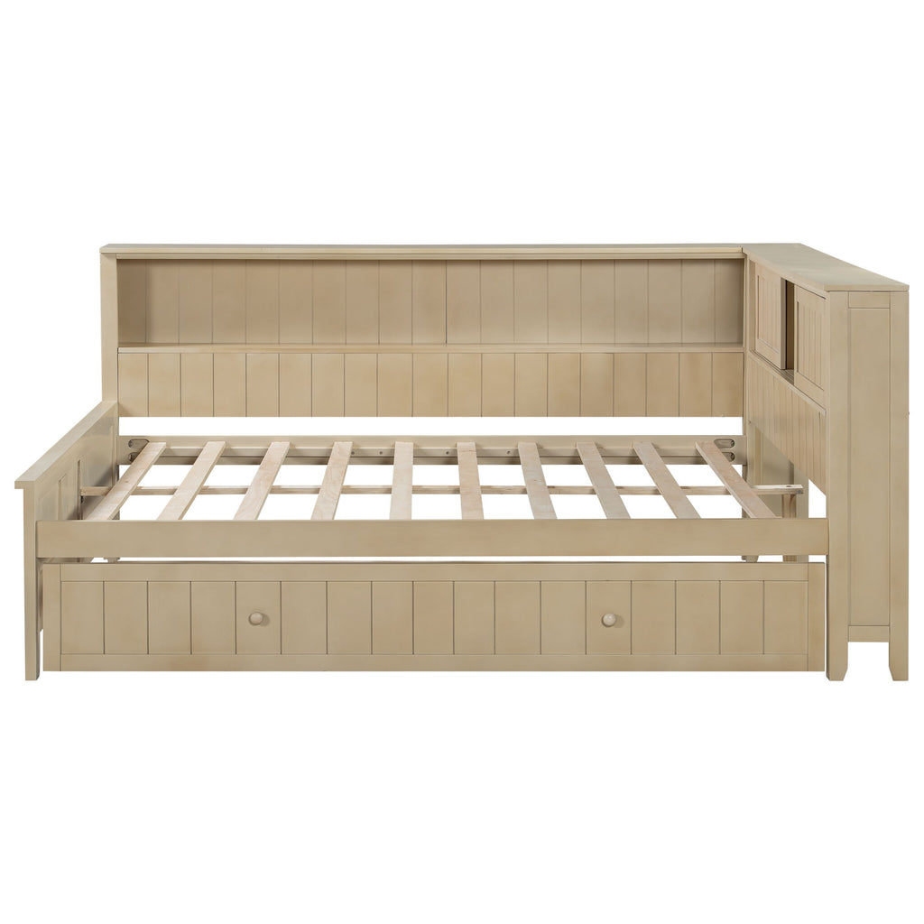 Full Size Daybed With Storage Shelves And Trundle - Ancient White