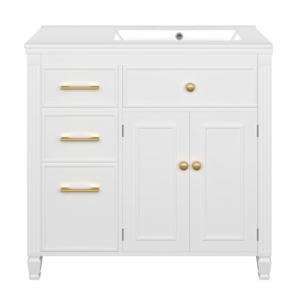 Modern Bathroom Vanity With Ceramic Sink, Freestanding, One Tip Out Drawer, 3 Side Drawers, Adjustable Shelf