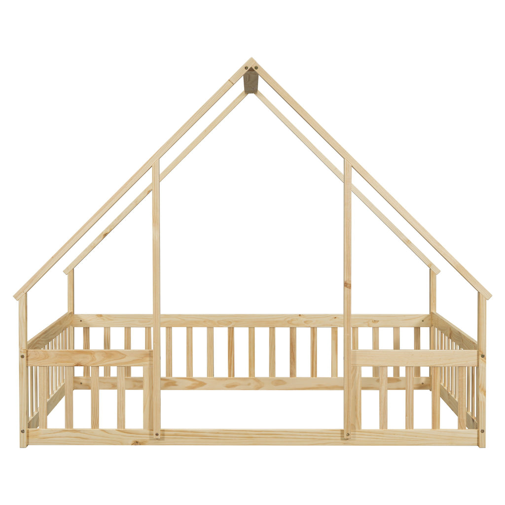 Wood House-Shaped Floor Bed With Fence, Guardrails