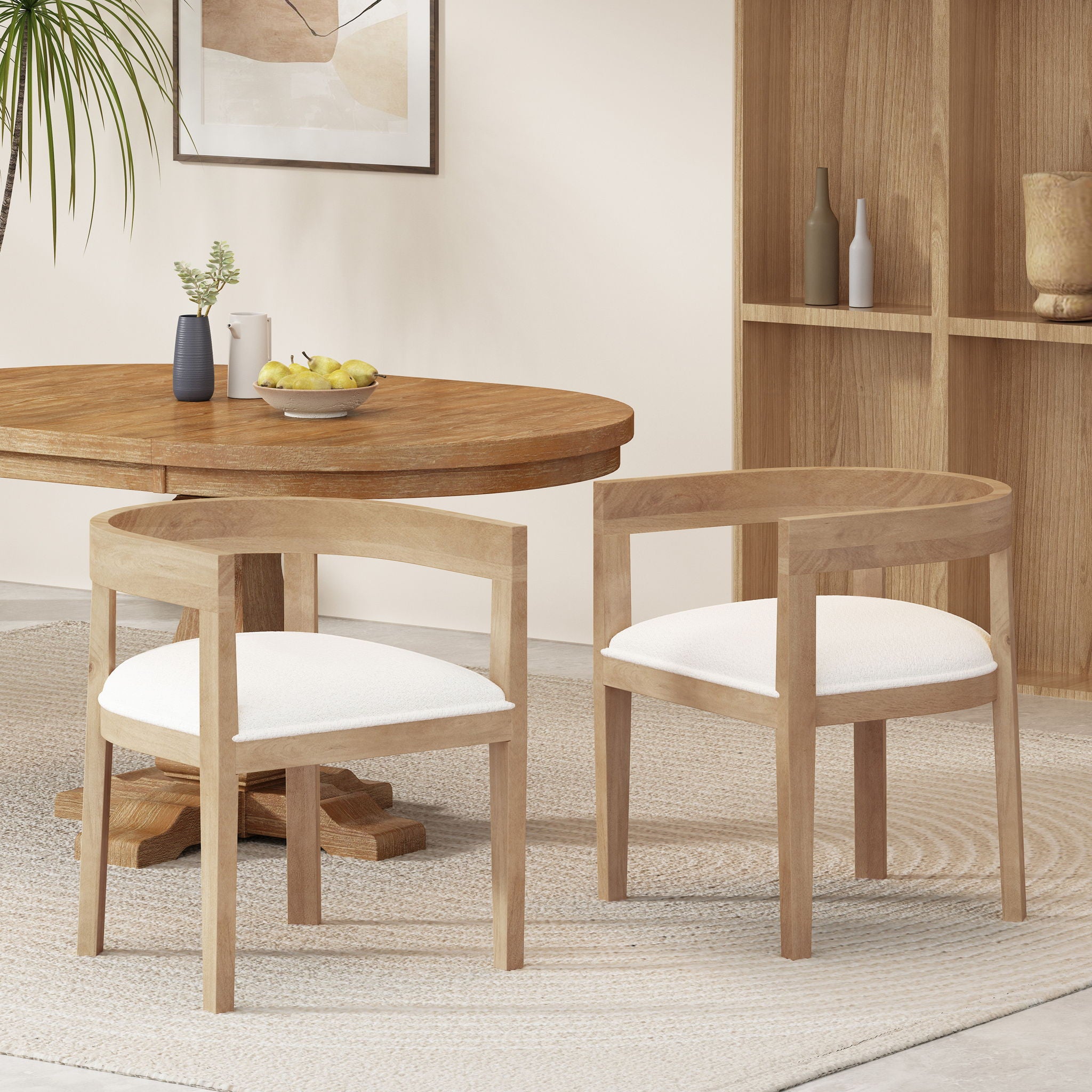Modern Mid Century Dining Arm Chair Set With Upholstered Frame - Natural