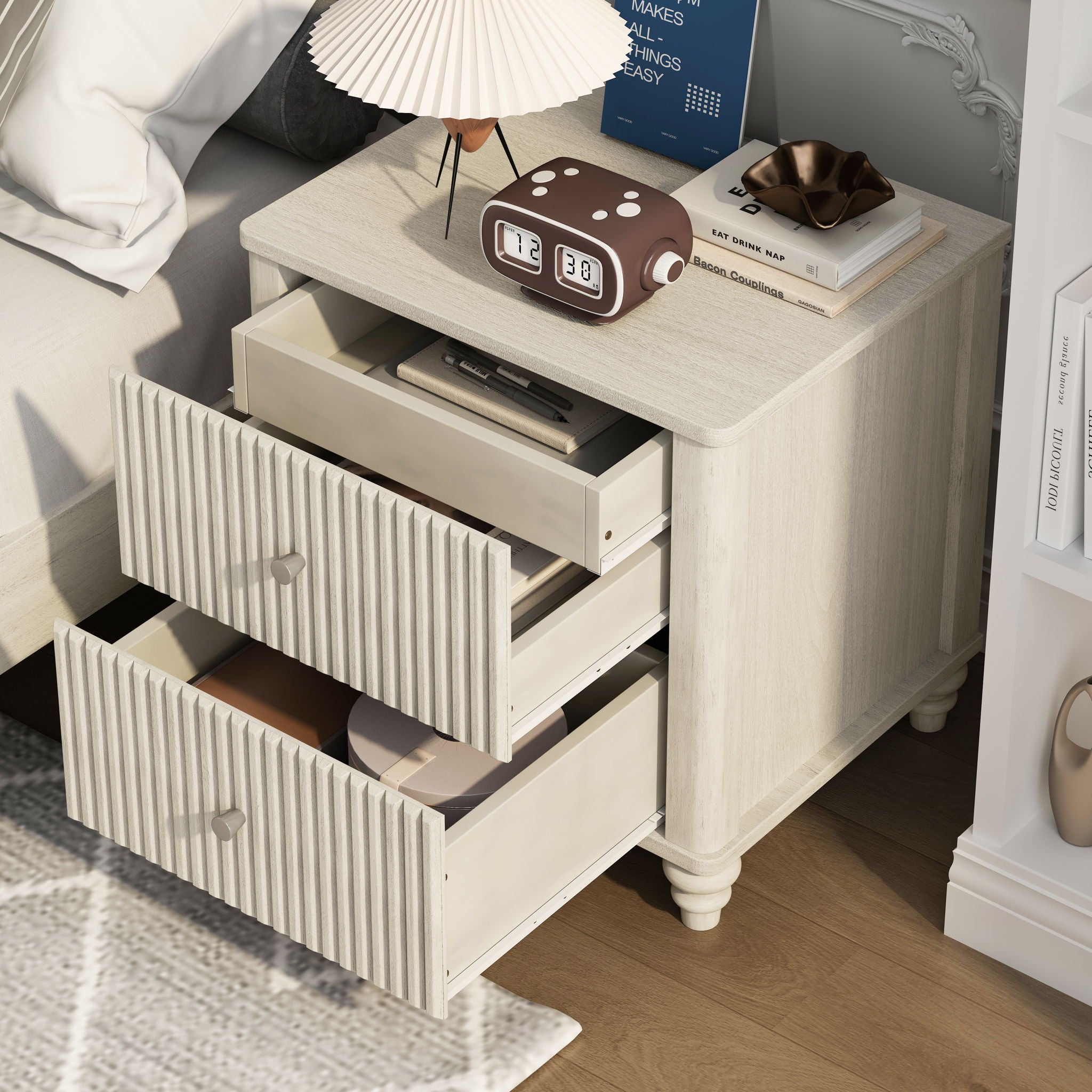 Fluted Nightstand With 3 Drawers