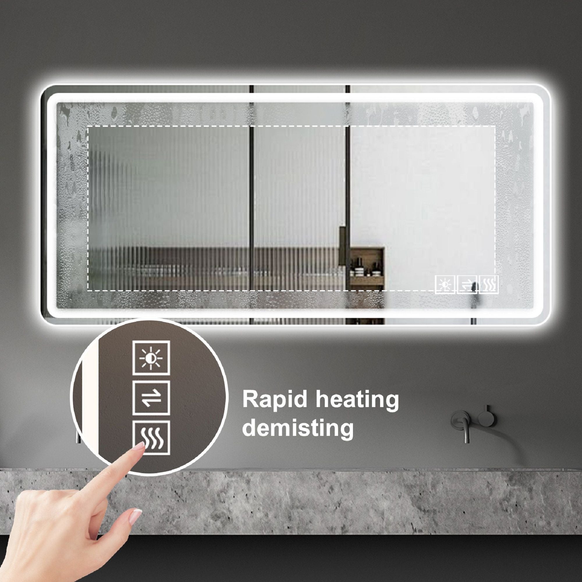 Frameless LED Bathroom Mirror Vanity With Anti Fog Front Lights - Silver