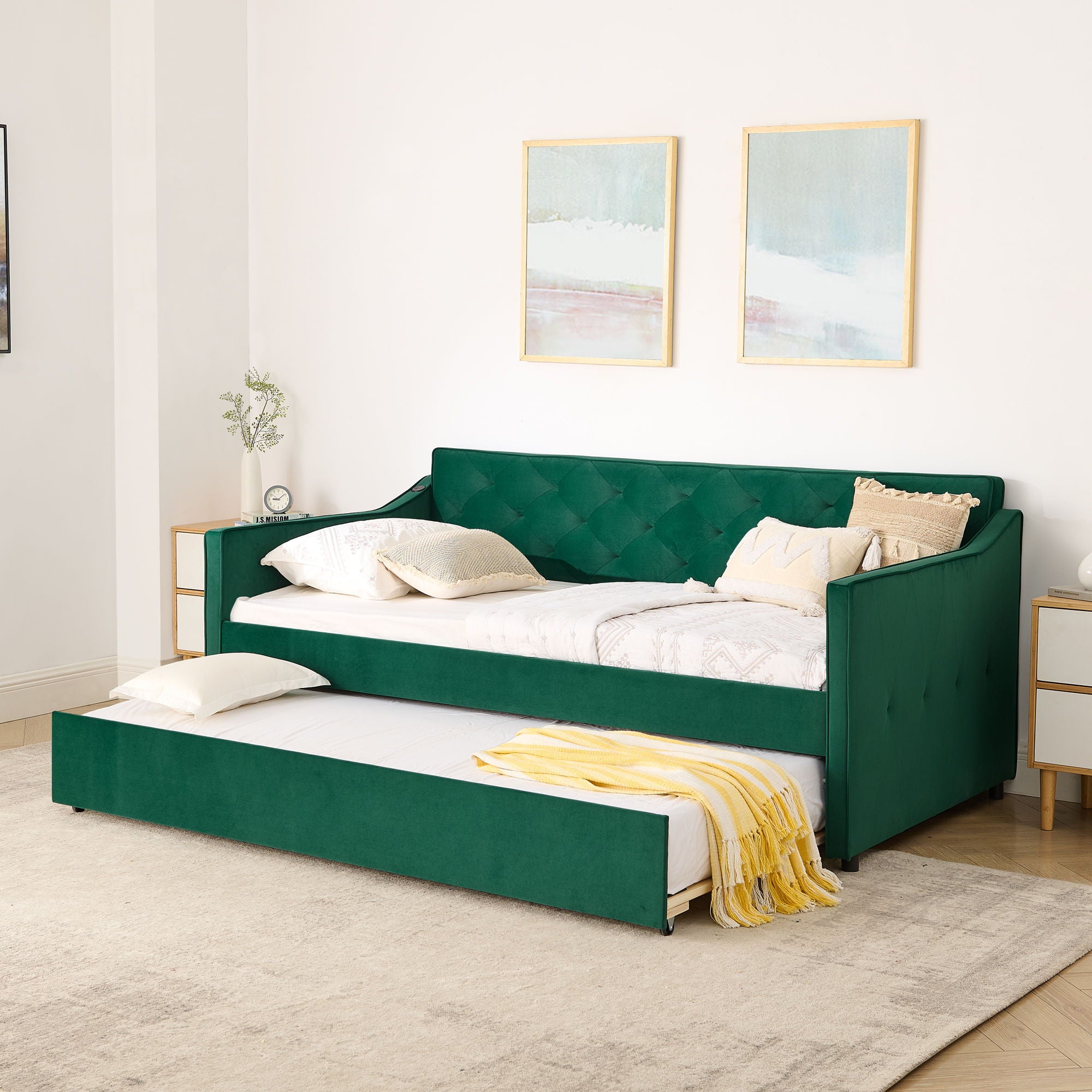 Daybed With Pop Up Trundle And USB Charging Armrest
