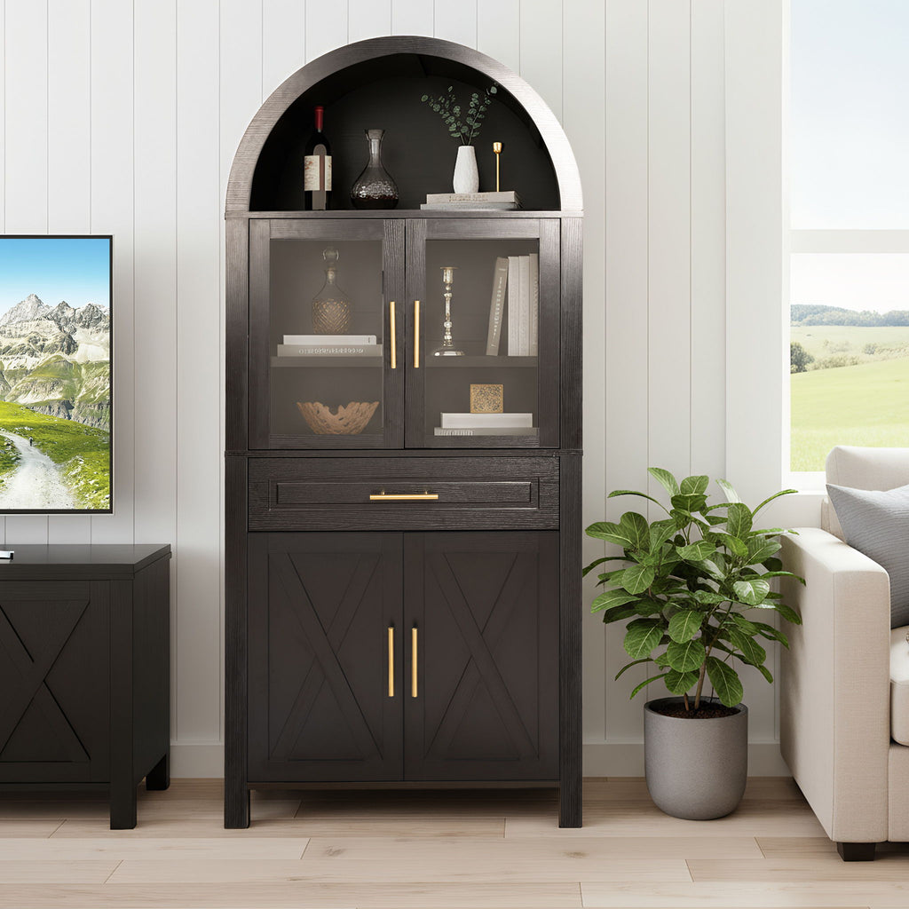 Arched Kitchen Pantry Cabinet With Adjustable Shelves & Barn Door Design