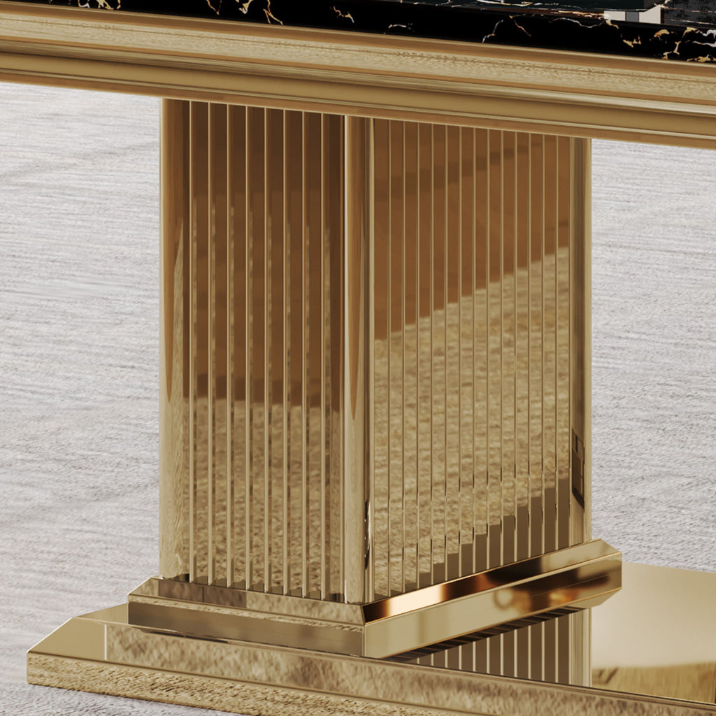 Marble Printed Top Rectangular Table, Stainless Steel Base With Mirrored Finish