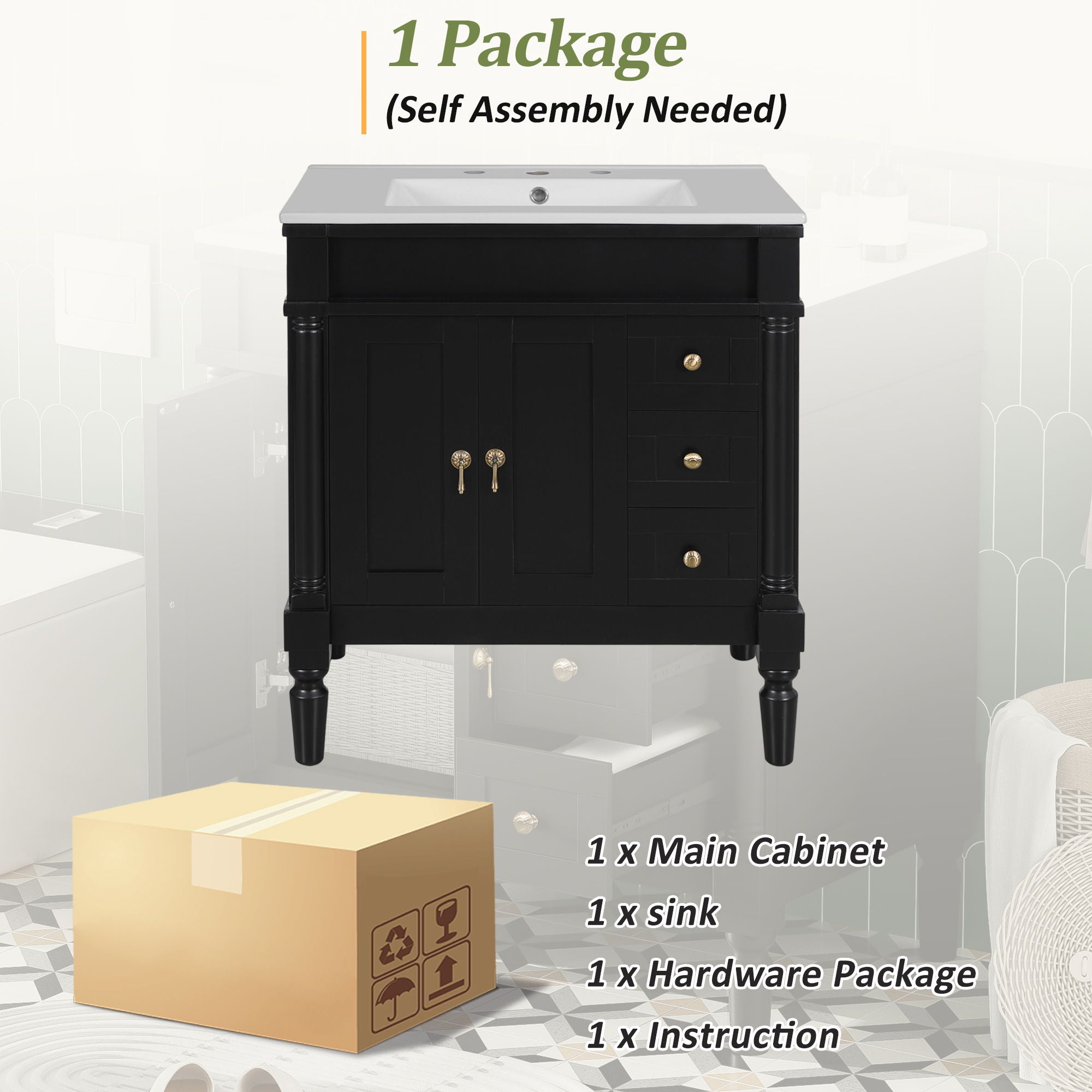 Bathroom Vanity With Ceramic Sink, 2 Doors 3 Drawers, Soft Close Design