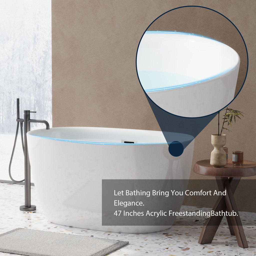 Freestanding Oval Bathtub With Overflow And Pop Up Drain, Double Walled Design - Gloss White