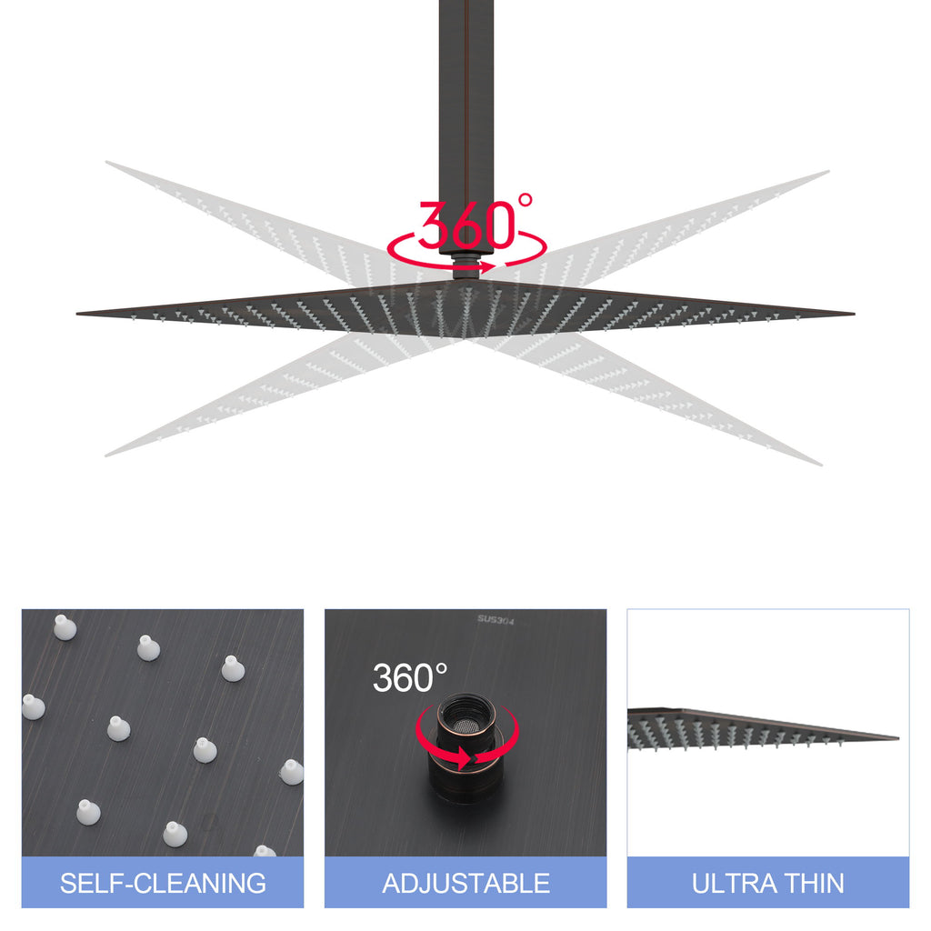 16" Square Rainfall Shower Head Fixed Wall Mount With Full Body Coverage & Self Cleaning Silicone Nozzles