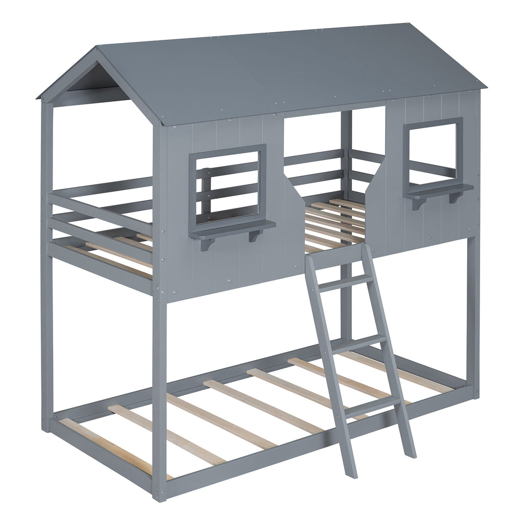 Twin Over Twin Bunk Bed With Roof, Window, Guardrail, Ladder