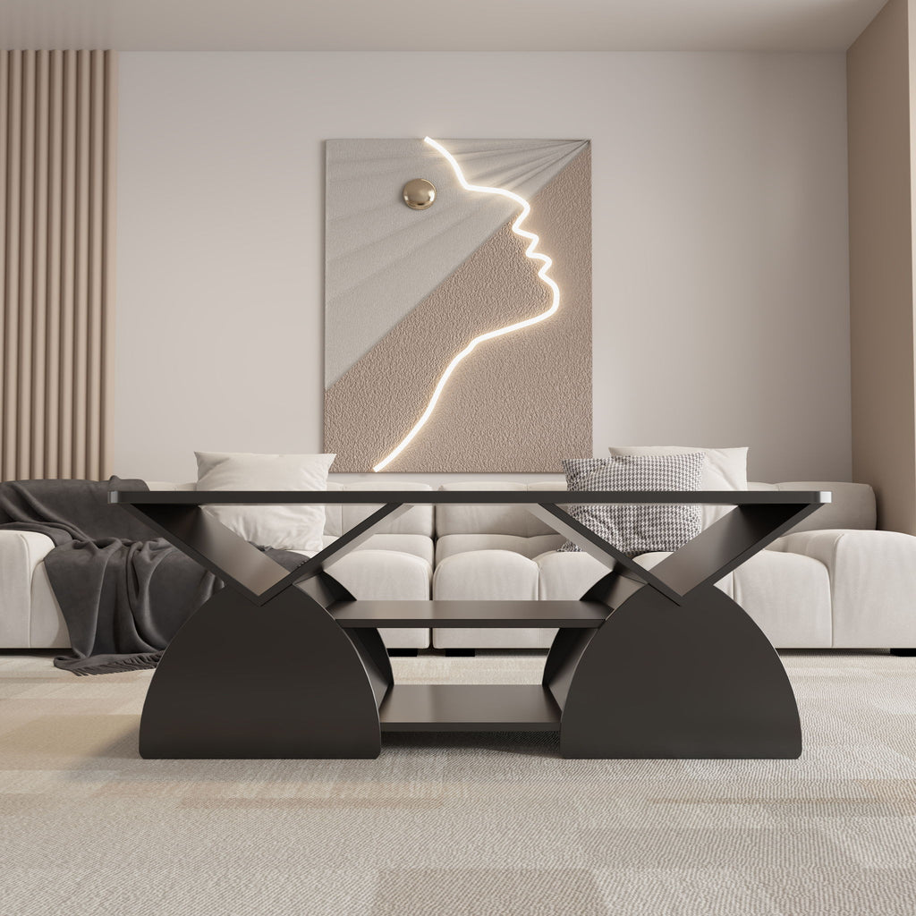 Geometric Engineered Coffee Table With Rounded Corners With Open Shelves