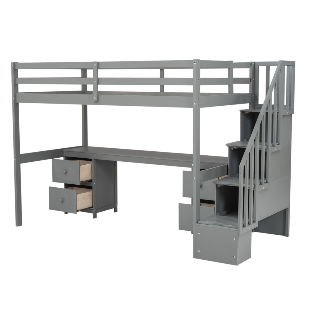 Loft Bed Frame With Built In Desk And Double Storage Drawers