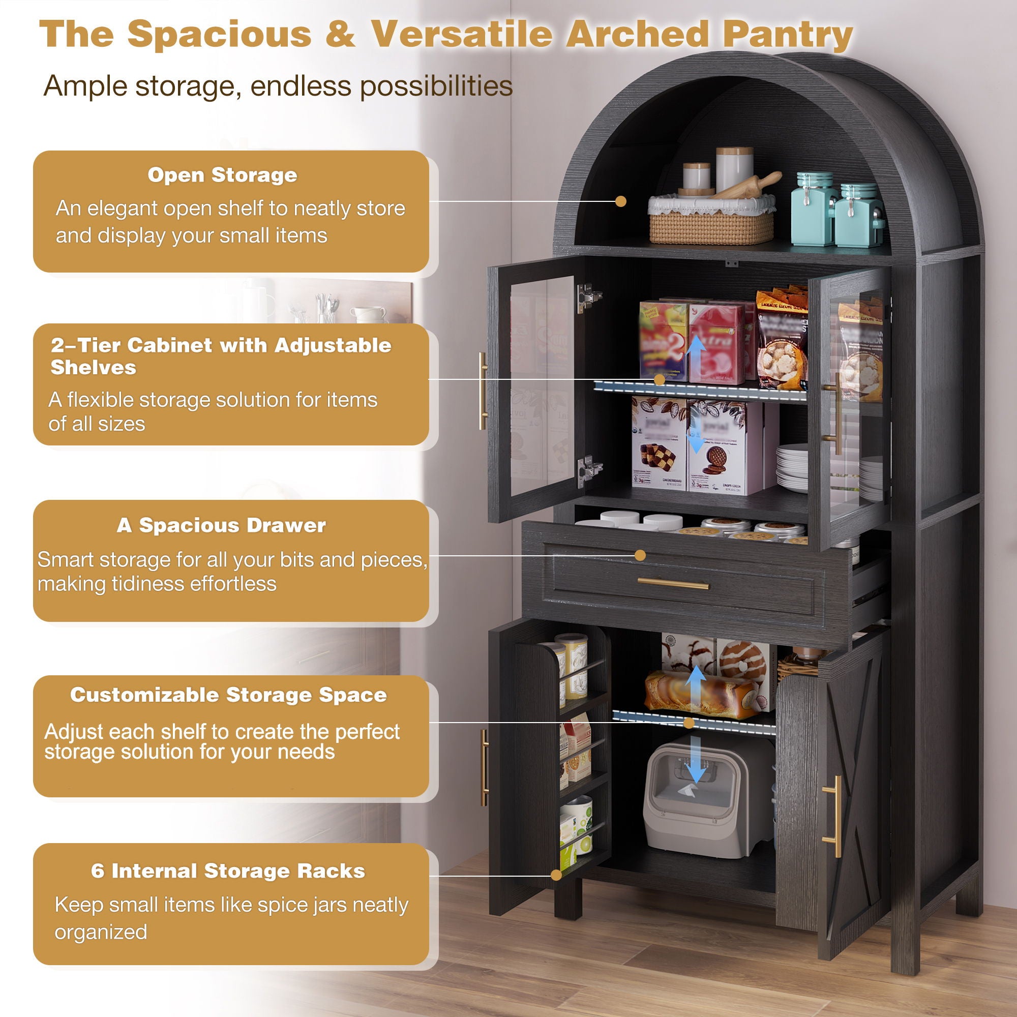 Arched Kitchen Pantry Cabinet With Adjustable Shelves & Barn Door Design