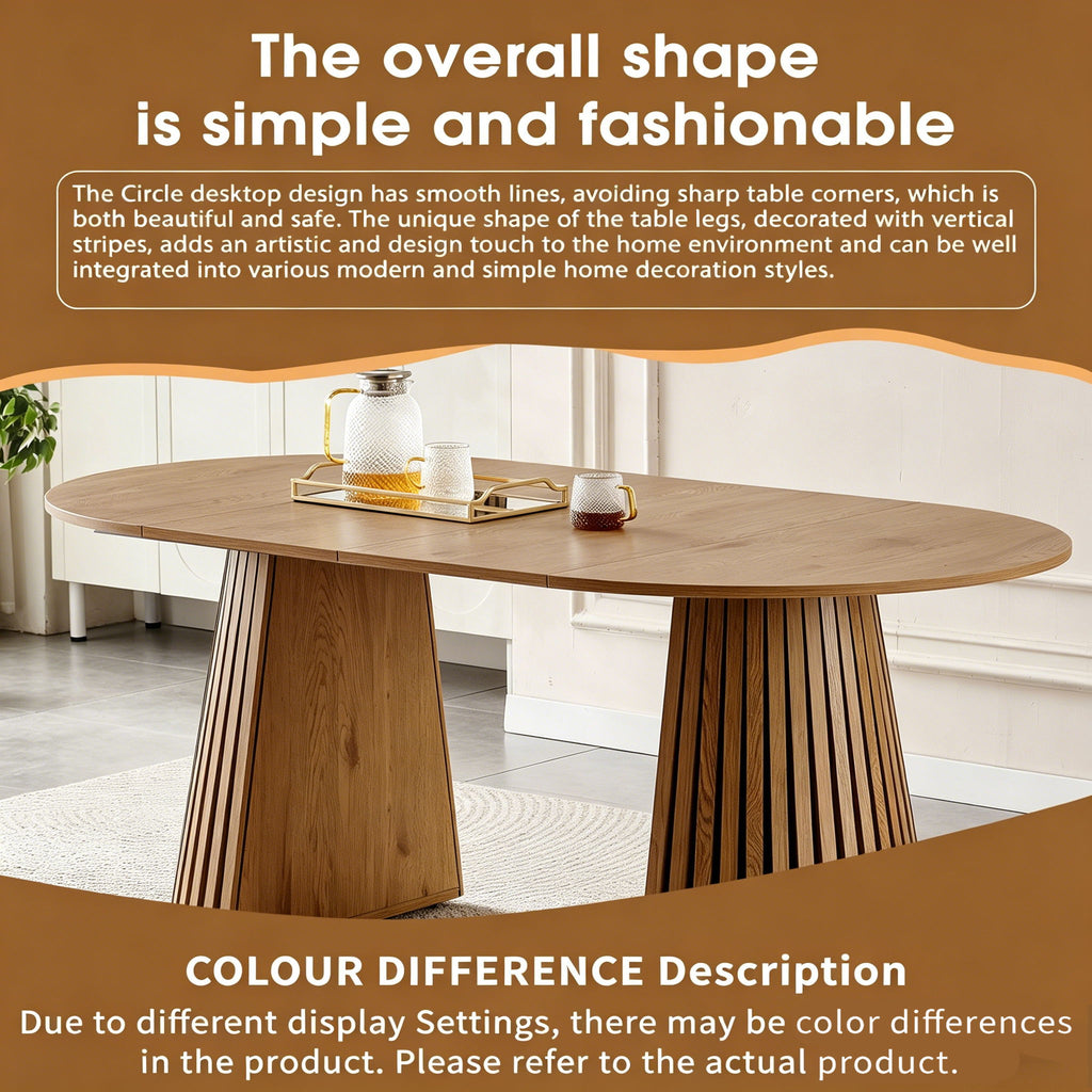 Dining Table, Flexible Extendable Oval Design With Slatted Legs - Natural Wood