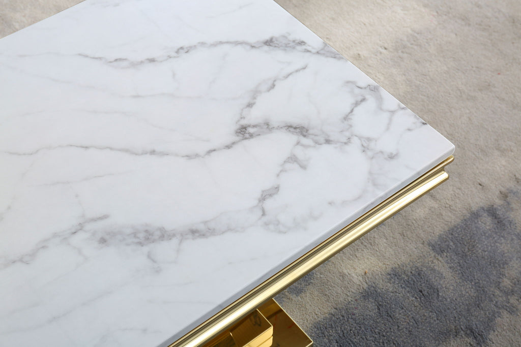 Printed Marble Top Coffee Table, Mirror Finish Stainless Steel Base
