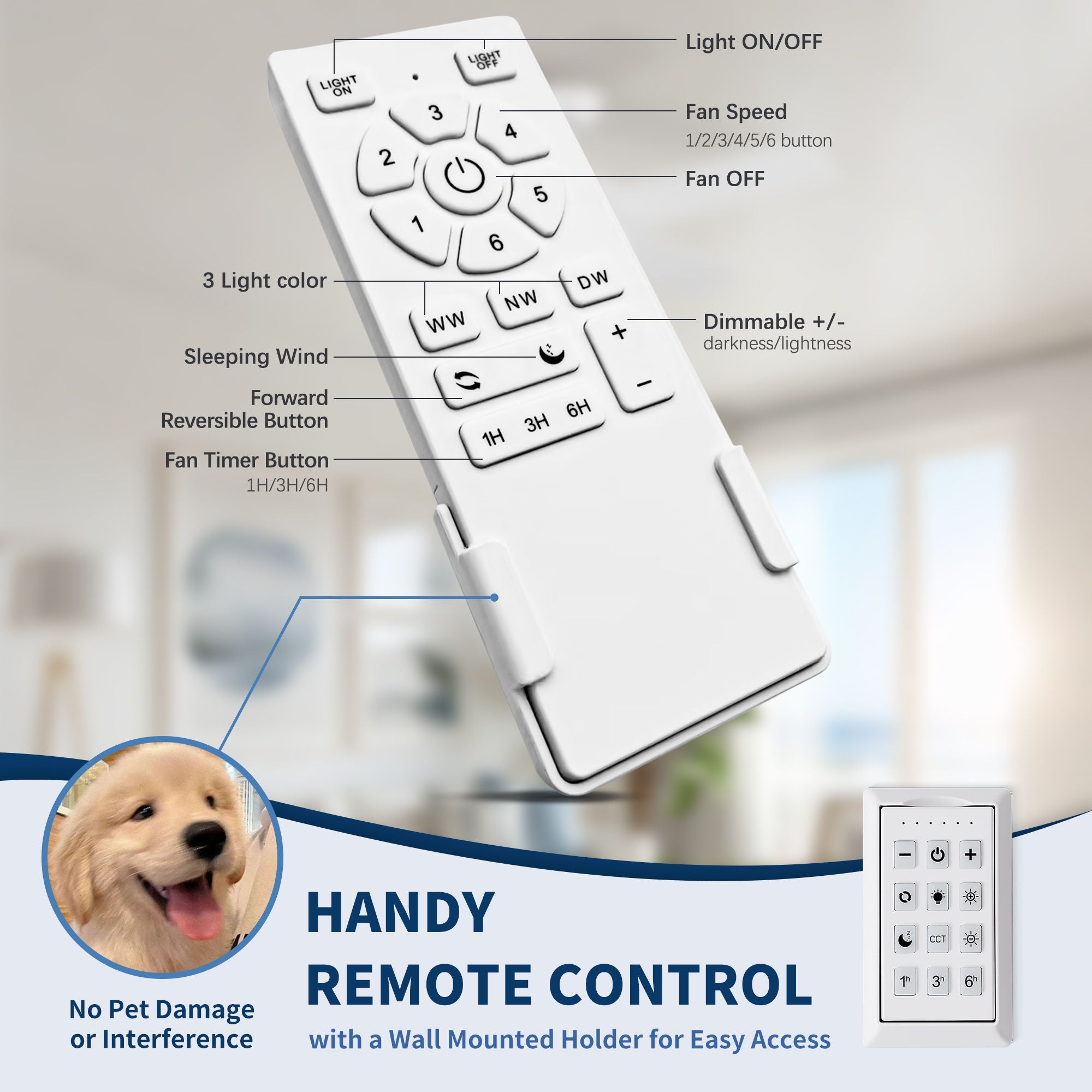 Ceiling Fan With Remote Control, Reversible DC Motor, 6 Speeds, 3 Dimmable LED, Quiet Timer For Indoor - White