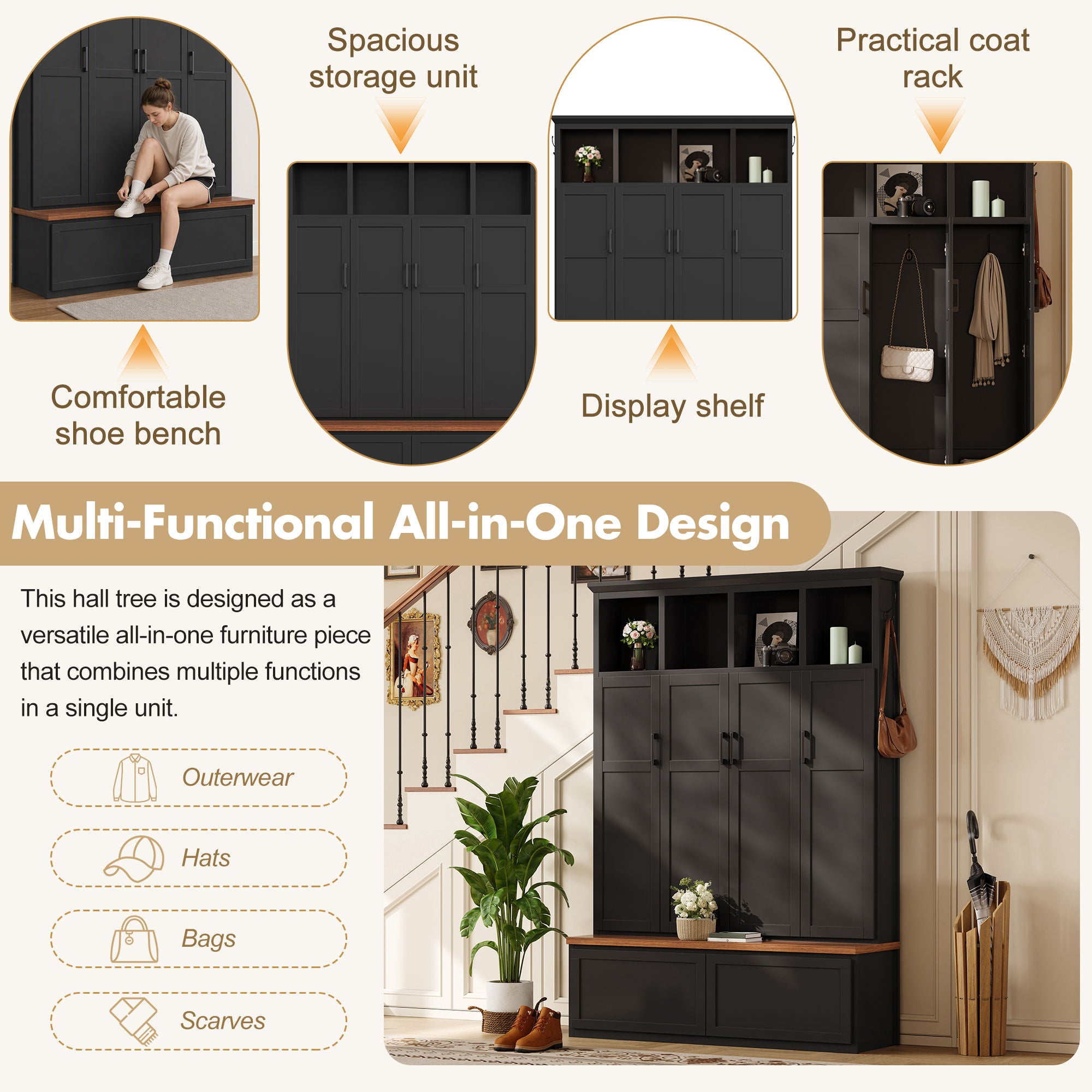 Hall Tree With 4 Hidden Cabinets