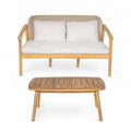 2 Piece Outdoor Acacia Wood Conversation Set, Woven Rope Backrest Patio Seating Group, Woven Rope With Coffee Table For Porch - Light Teak / Beige