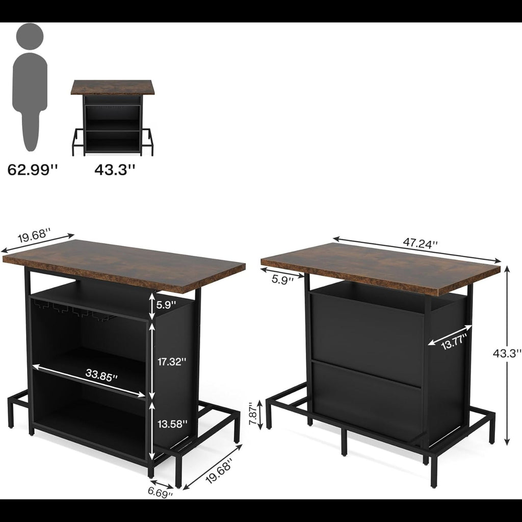 Home Bar Cabinet With 3 Tier Storage & 4 Wine Glass Racks - Brown / Black