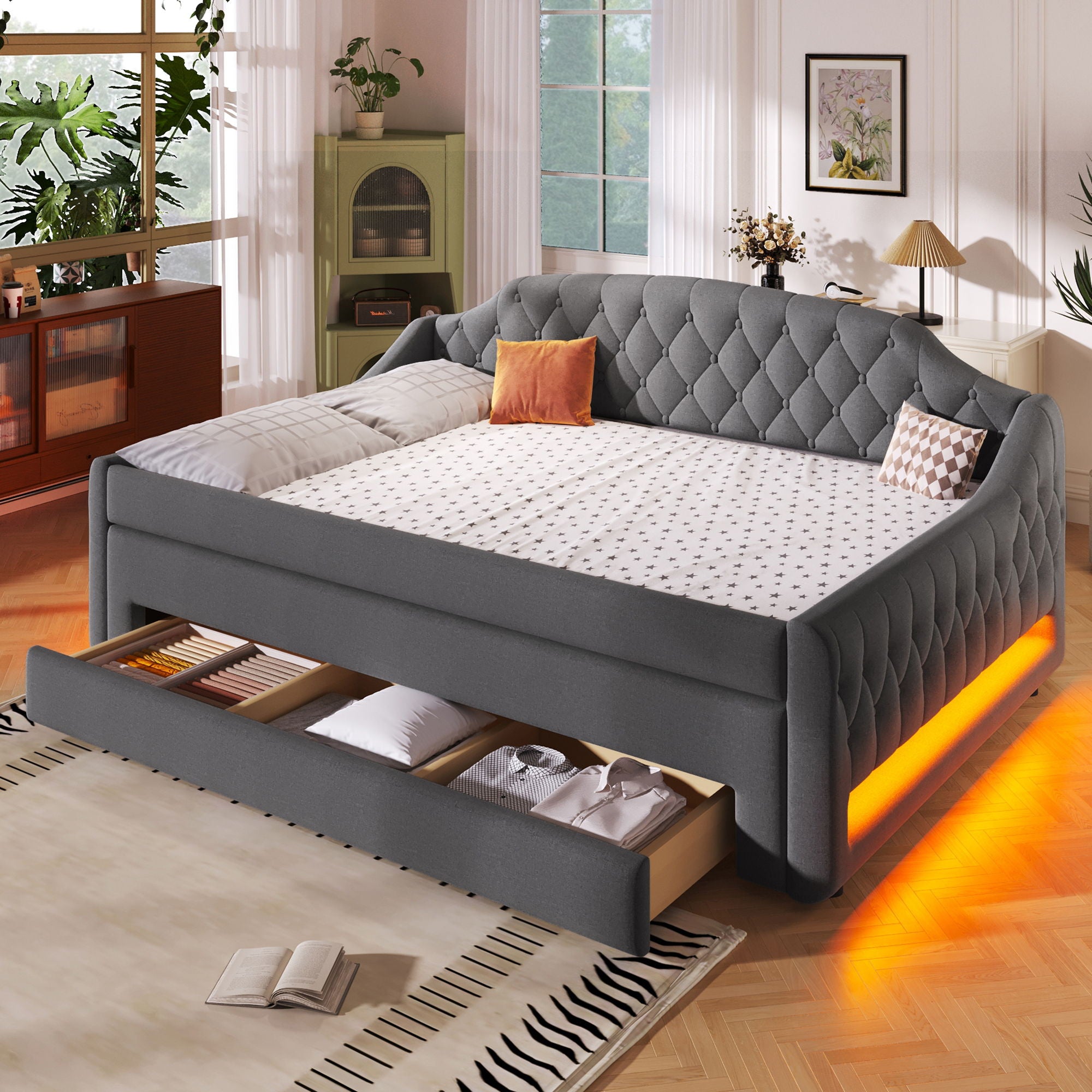 Upholstered Daybed With LED Belt, Trundle And 3 Drawers