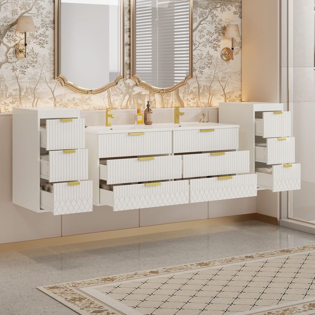 Modern Floating Bathroom Cabinet With Basin Sink And Side Storage, Rectangular Vanity