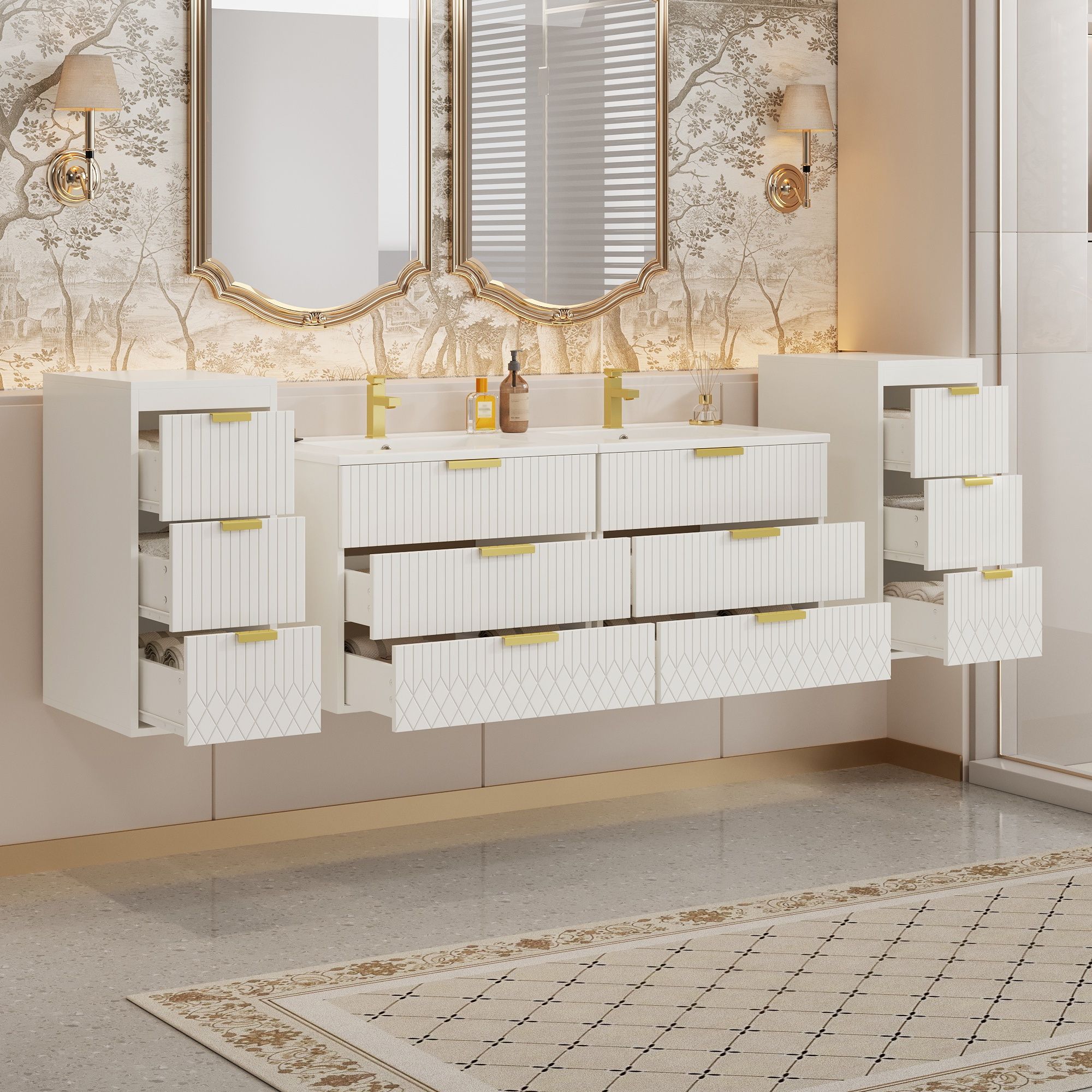 Modern Floating Bathroom Cabinet With Basin Sink And Side Storage, Rectangular Vanity