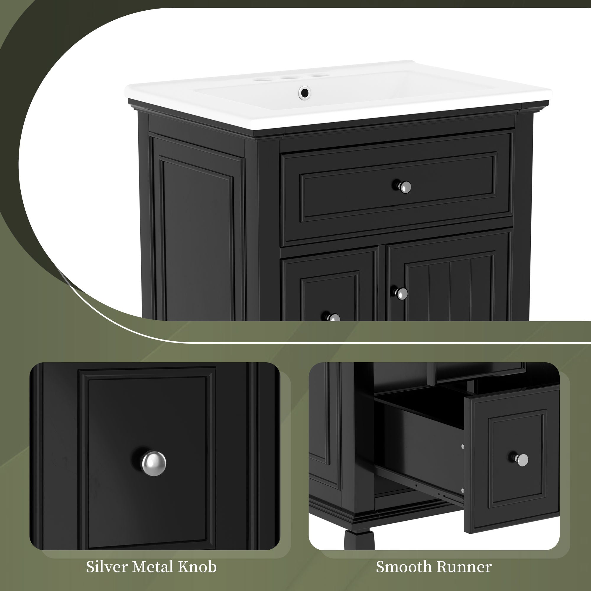 24" Bathroom Vanity With Sink, Cabinet, Adjustable Shelf, Flip Drawer & 2 Drawers - Black