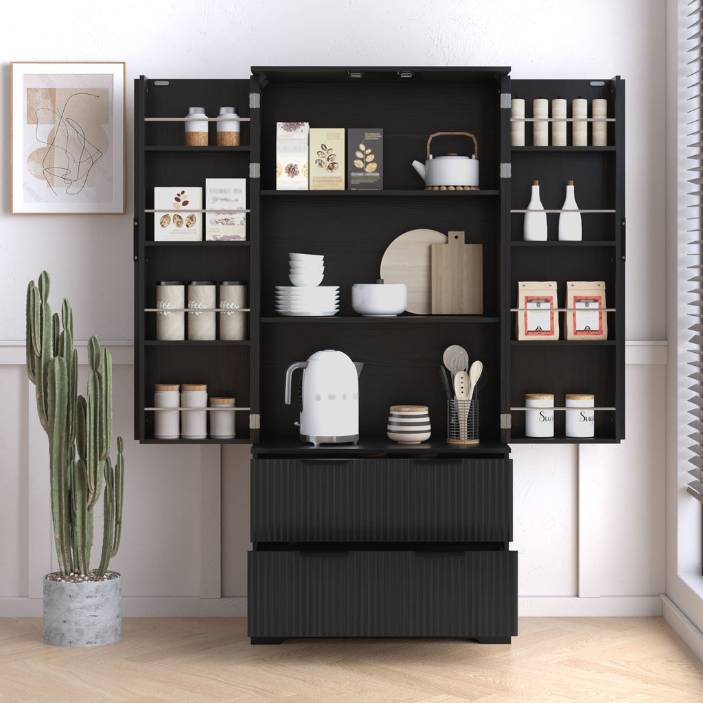 Fluted Kitchen Pantry Cabinet With 2 Large Drawers & 8 Door Spice Rack