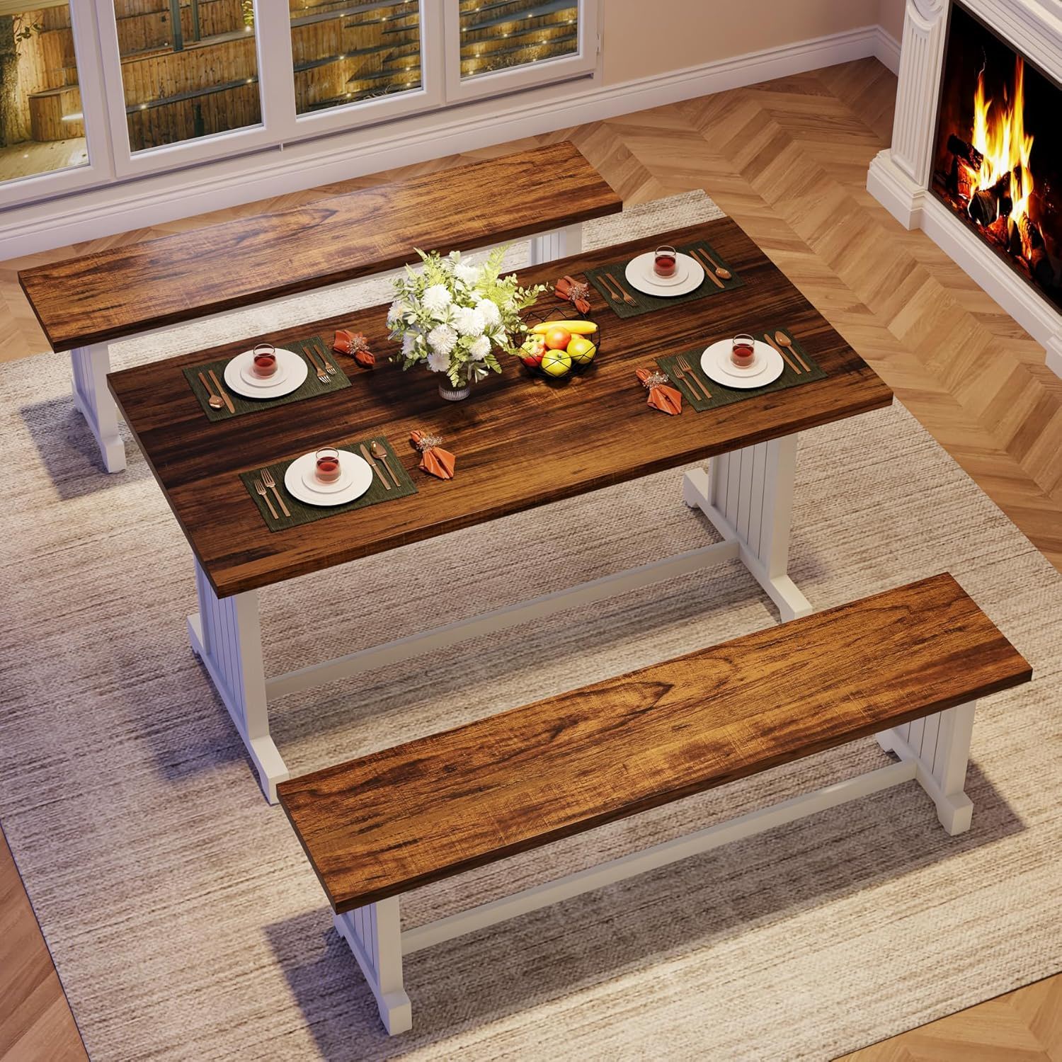 3 Piece Dining Table Set For 2 - 4, With Space Saving Benches - Brown / White