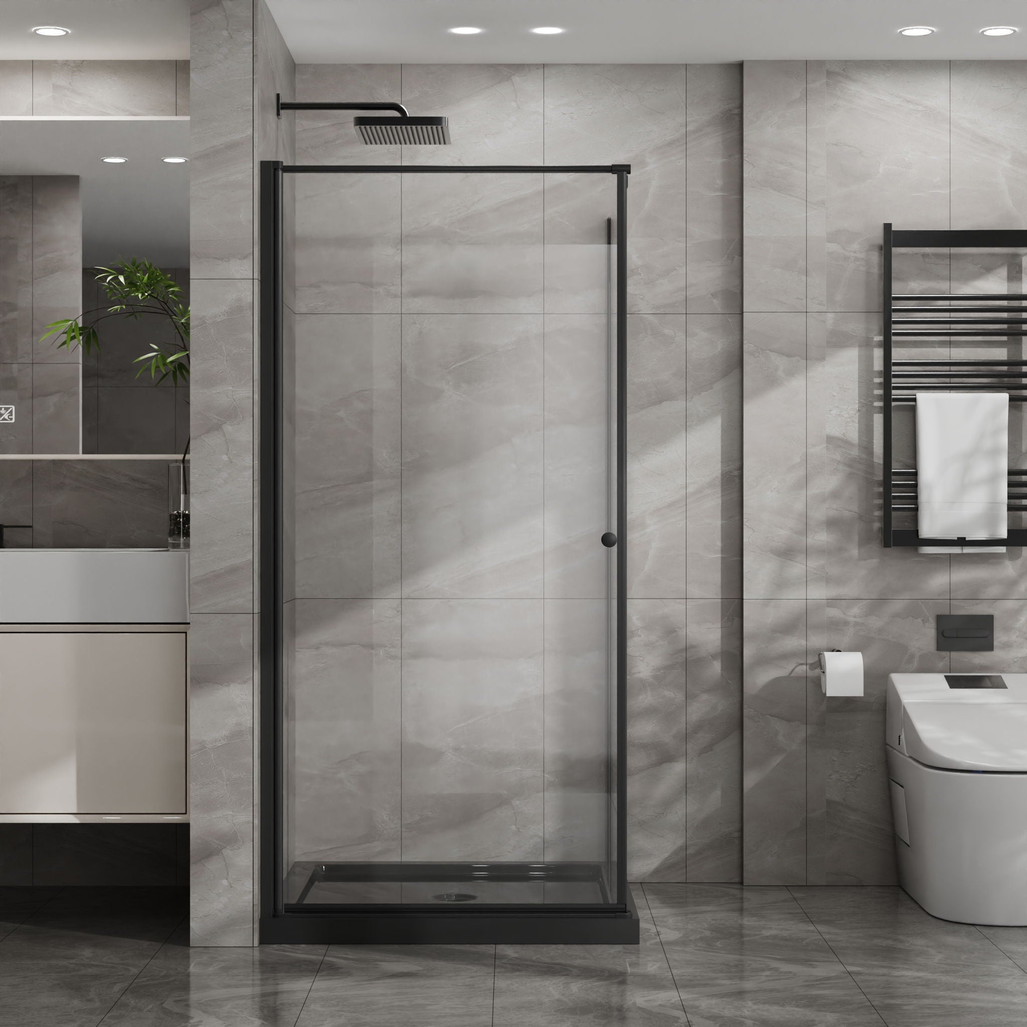 Corner Shower Enclosure, Frameless Pivot Door - Black