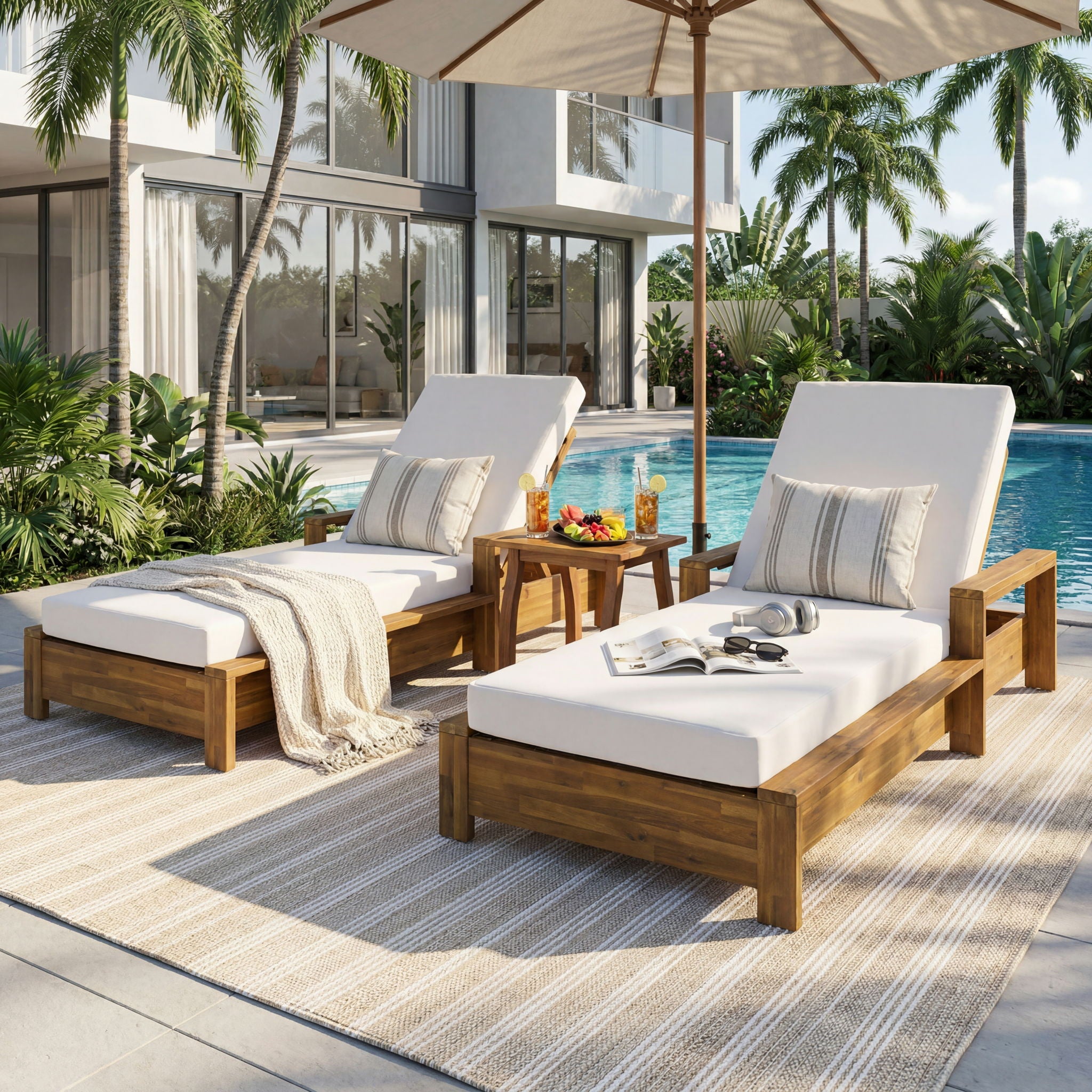 Chaise Lounge Set With 3 Position Adjustable Backrest, 2 Fold Cushion, Outdoor Recliner For Patio - Cream / Teak