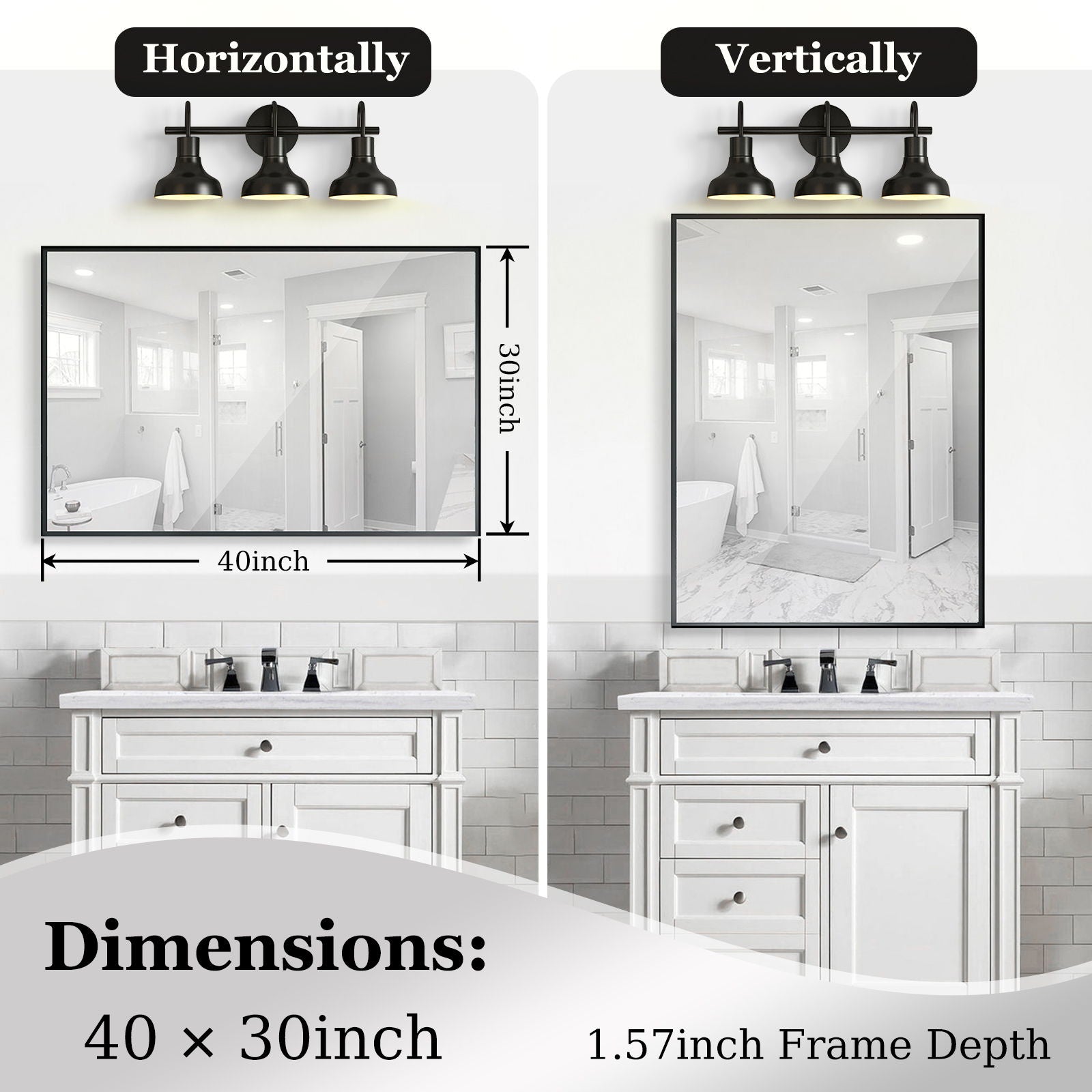40X30" Glossy Bathroom Mirrors For Wall Rectangle Vanity Mirror Corner Hangs Farmhouse Mirror Modern Metal Framed Rectangular Mirror, Decorative Square Corner Mirror (Horizontal & Vertical) - Black