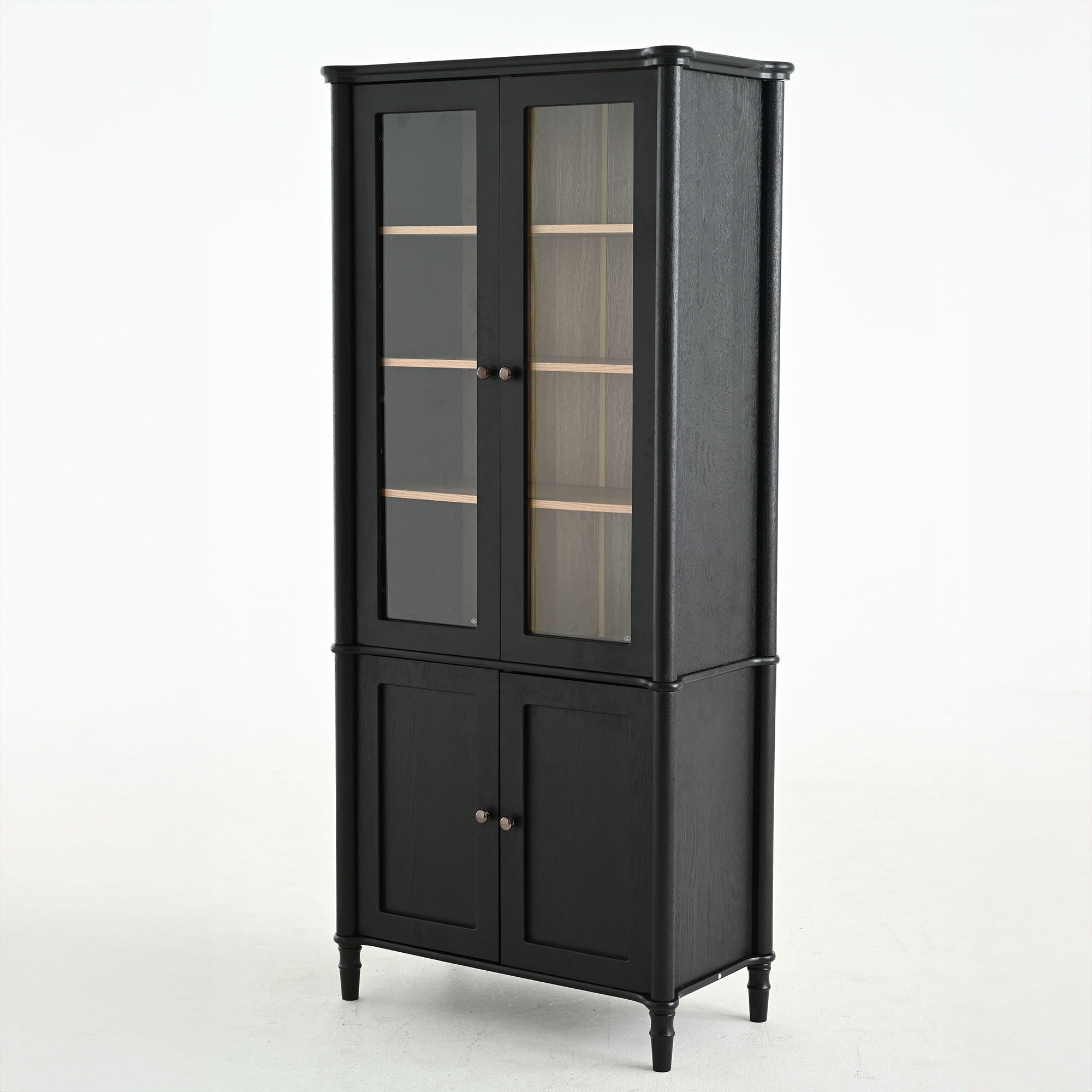 Vintage Display Cabinet With Double Glass Doors, Traditional Style For Collectibles, Ash Wood Veneer, 73.25" Tall - Black / Natural